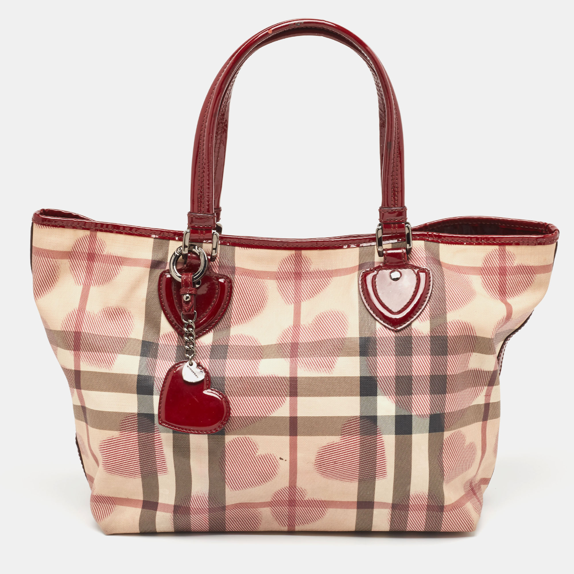 Pre-owned Burberry Burgundy/beige Heart Print Check Pvc And Patent Leather Brit Tote