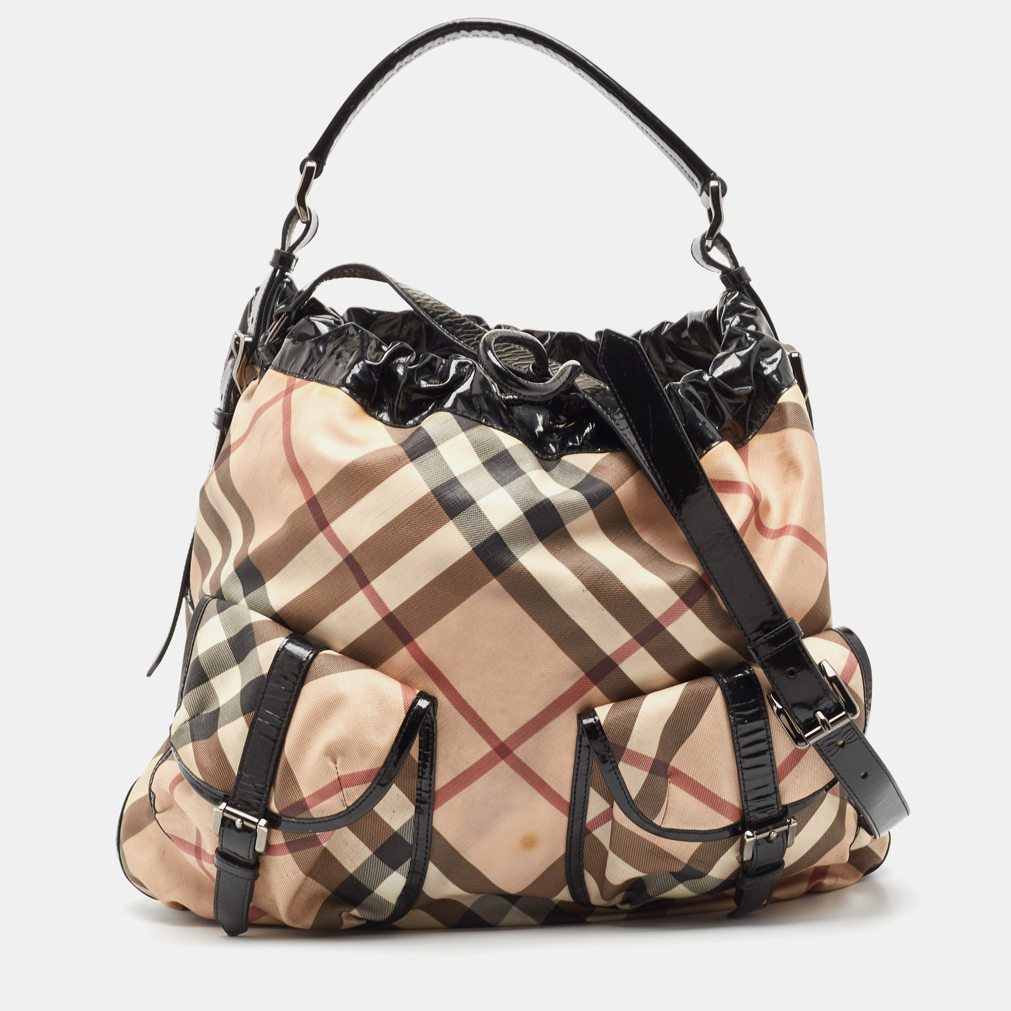 Pre-owned Burberry Black/beige Supernova Coated Canvas And Patent Leather Drawstring Double Pocket Hobo
