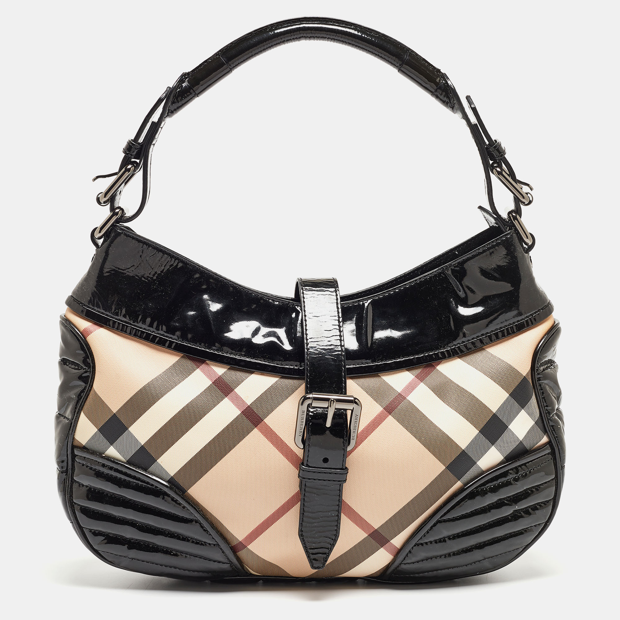 Pre-owned Burberry Black/beige Nova Check Pvc And Patent Leather Hobo