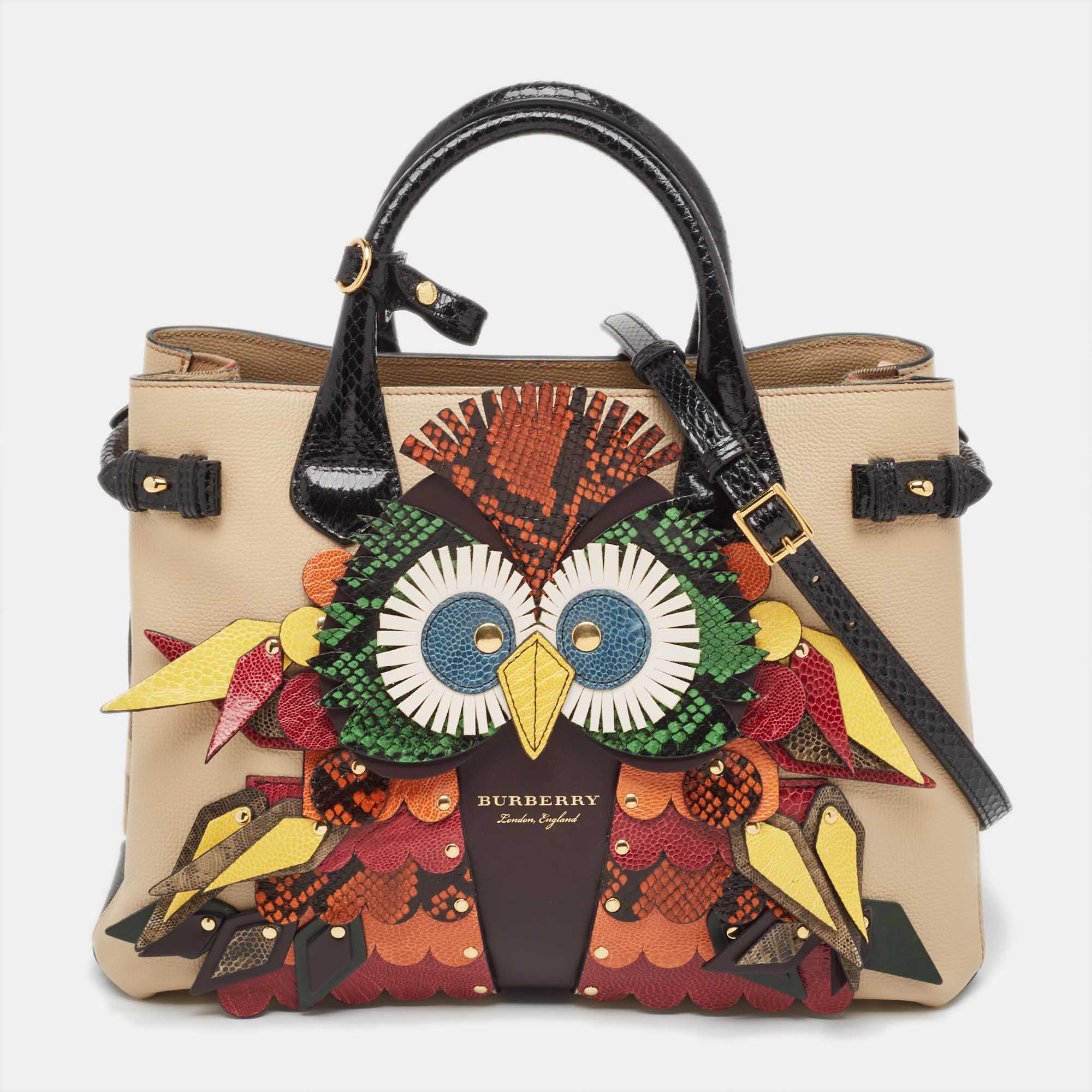 Pre-owned Burberry Multicolor Snakeskin Leather And House Check Canvas Medium Beasts Banner Tote