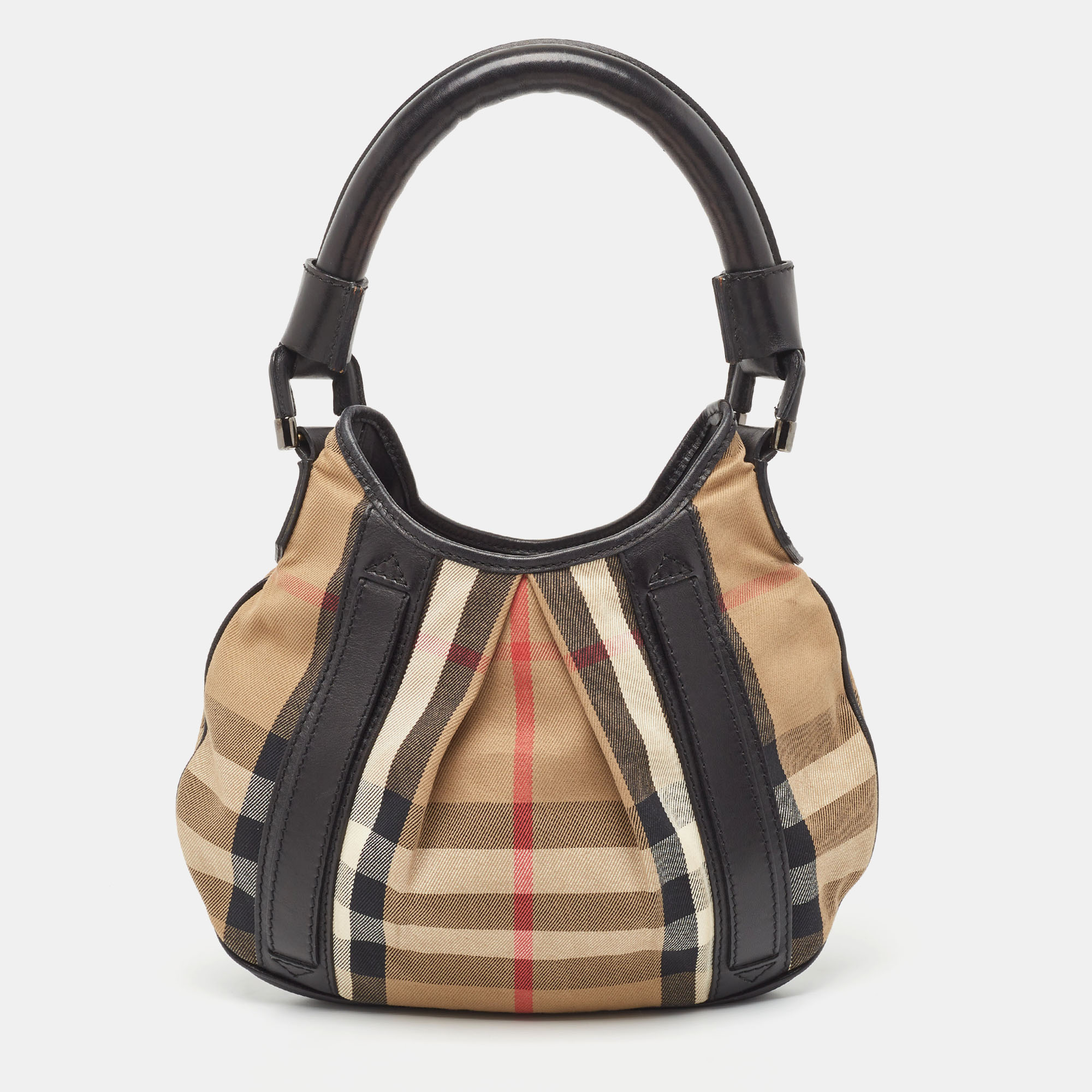 Pre-owned Burberry Black/beige House Check Canvas And Leather Phoebe Hobo