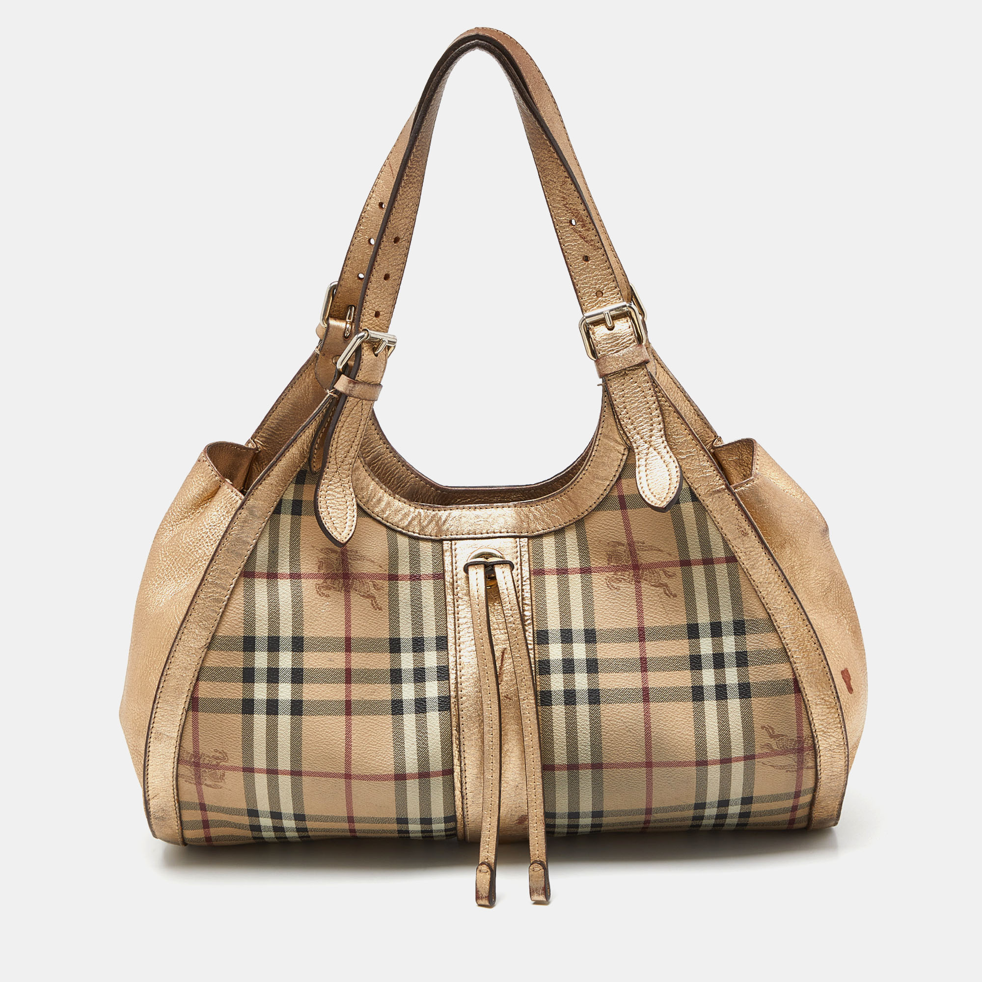 Pre-owned Burberry Beige/gold Haymarket Check Pvc And Leather Hobo