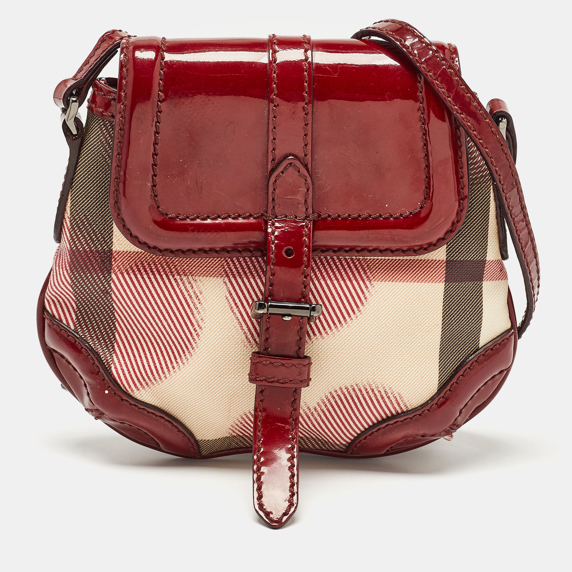 Pre-owned Burberry Burgundy/beige House Check Pvc And Patent Leather Heart Flap Crossbody Bag