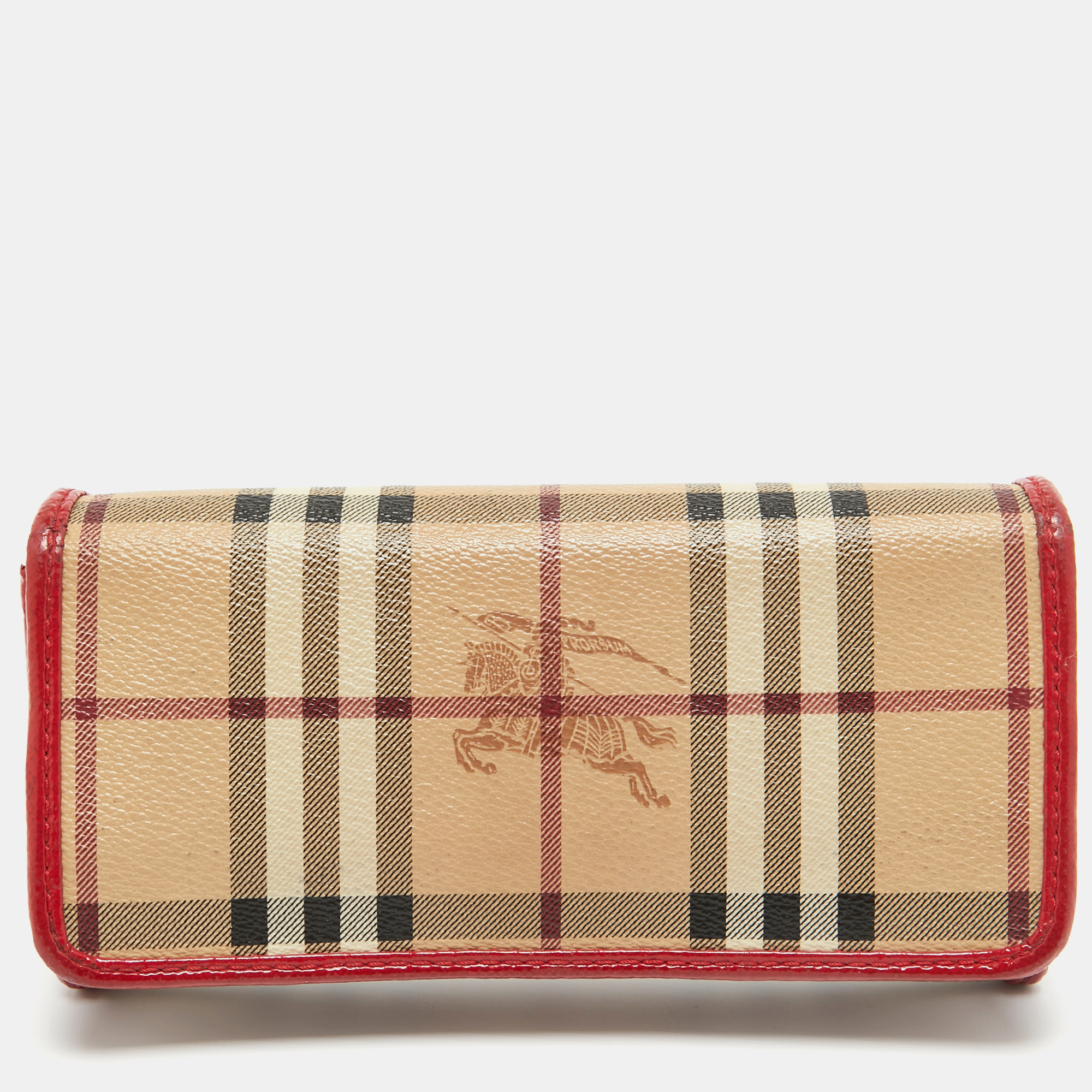 

Burberry Red/Beige House Check Coated Canvas and Patent Leather Flap Continental Wallet