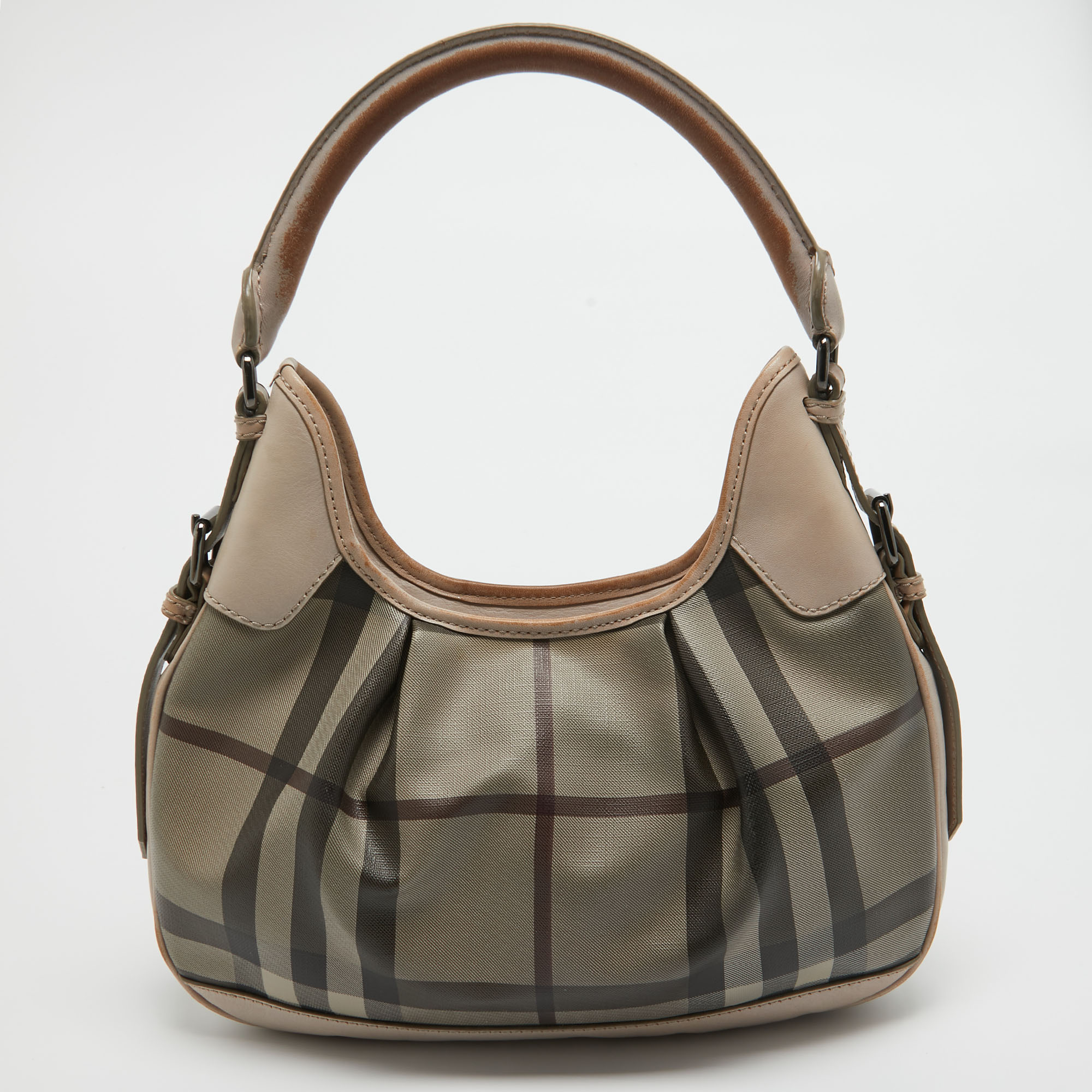 

Burberry Smoked Check Coated Canvas and Leather Small Brooklyn Hobo, Grey