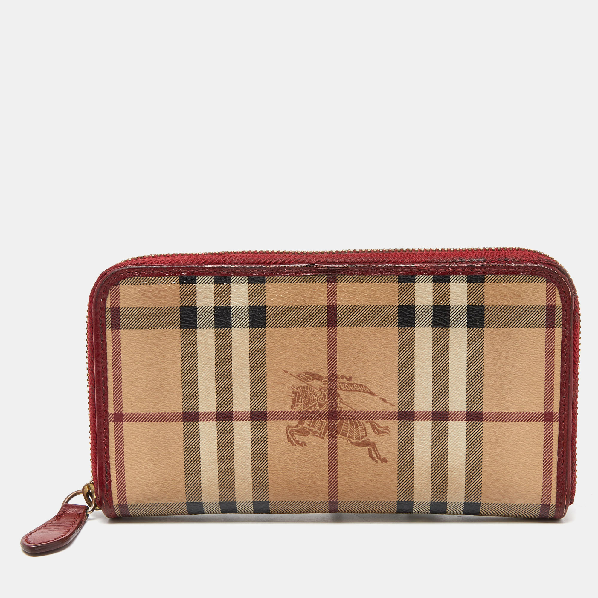 Pre-owned Burberry Beige/red Haymarket Check Coated Canvas Zip Around Wallet