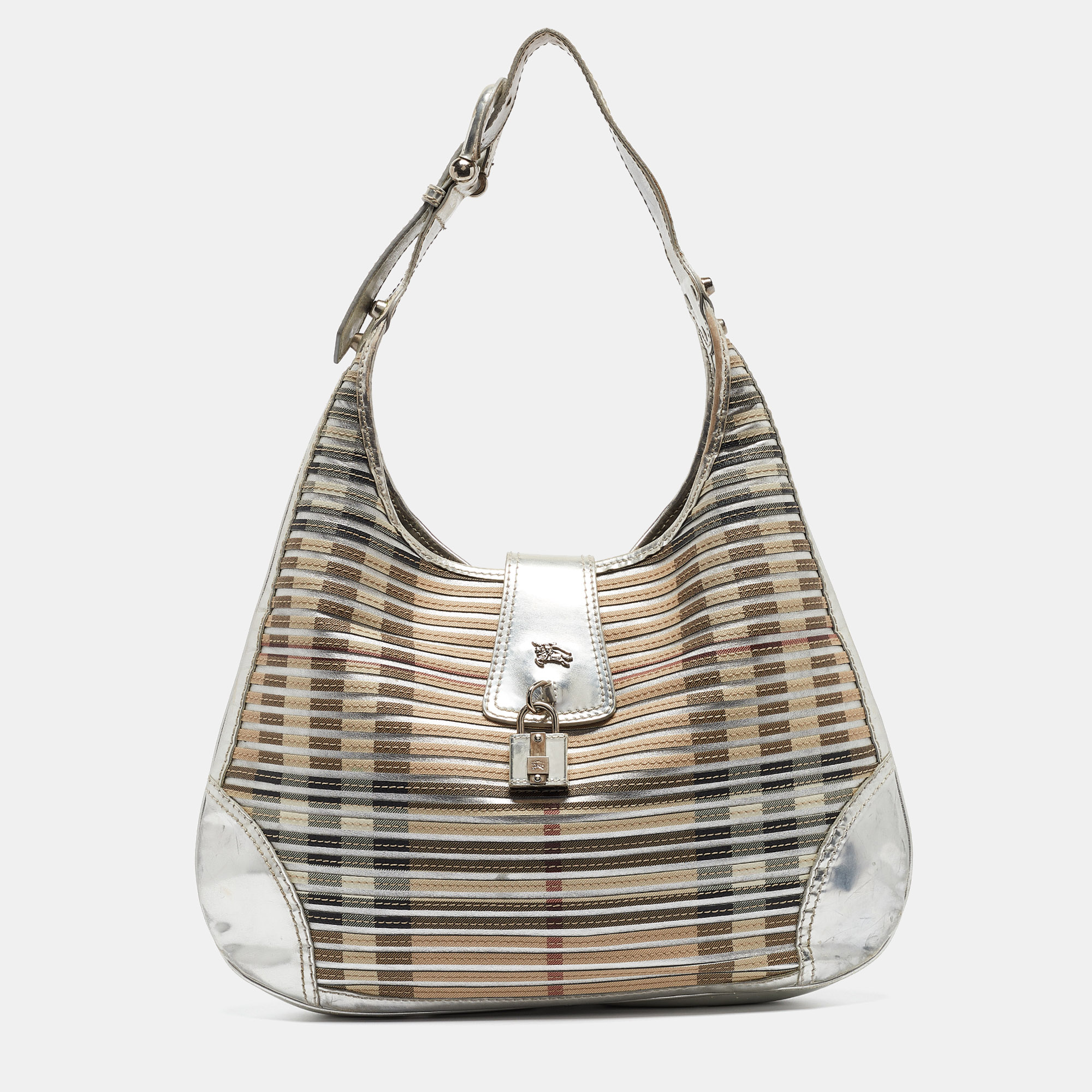 

Burberry Silver/Beige House Check Coated Canvas and Patent Leather Brooke Hobo