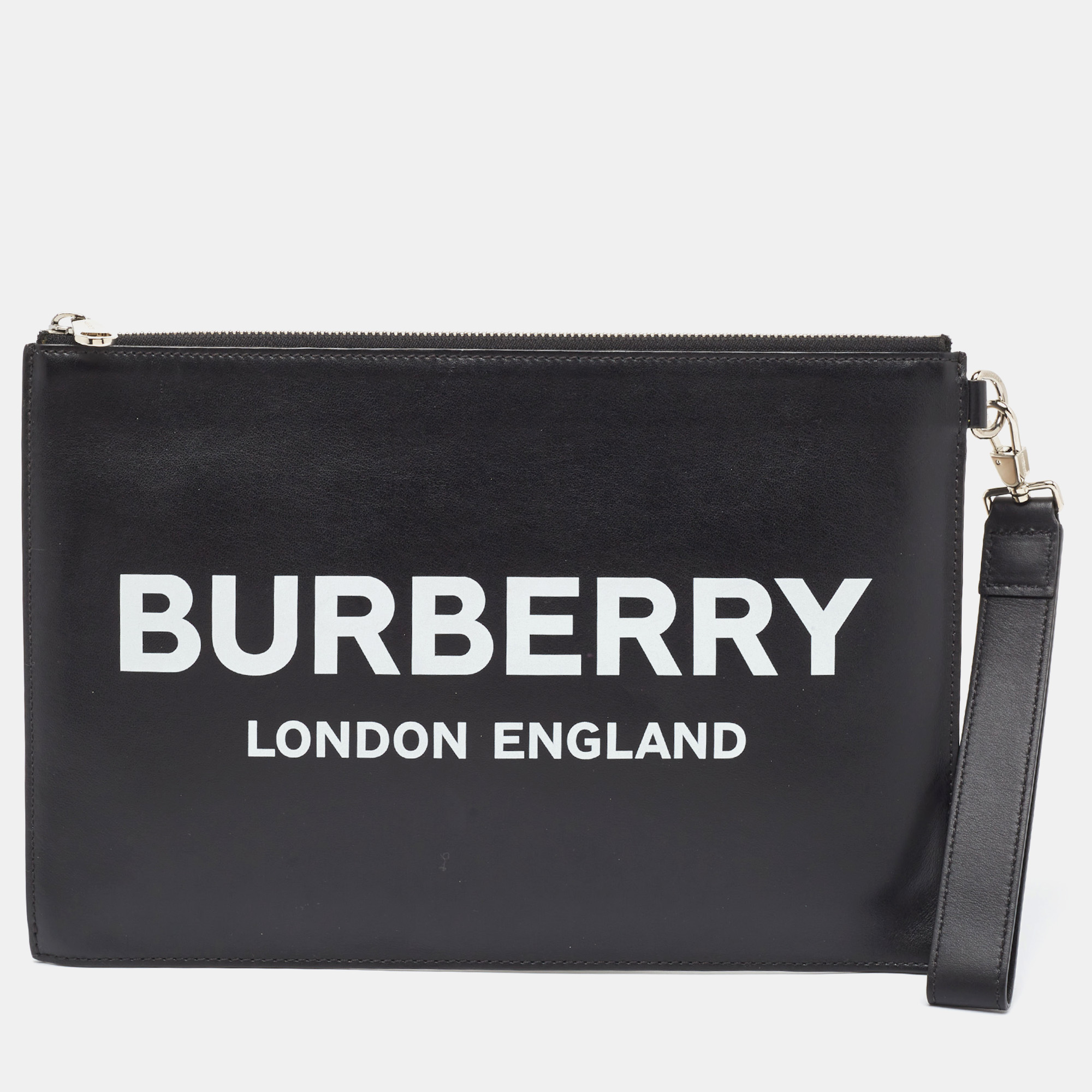 

Burberry Black Leather Logo Print Edin Wristlet Clutch