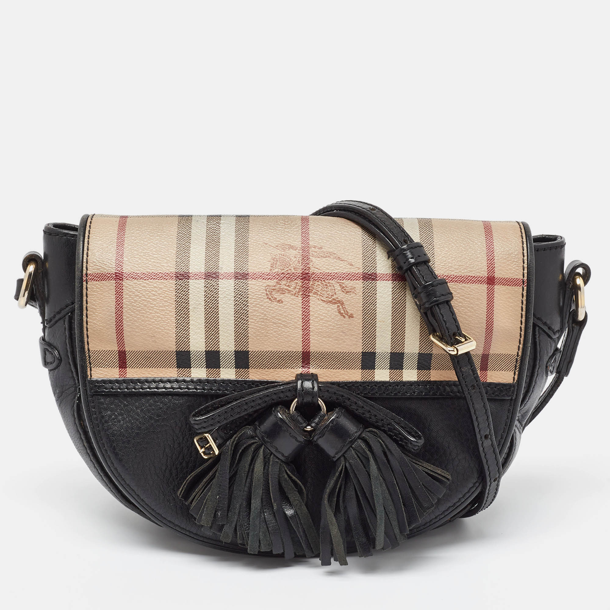 Pre-owned Burberry Black/beige Haymarket Coated Canvas And Leather Maydown Crossbody Bag