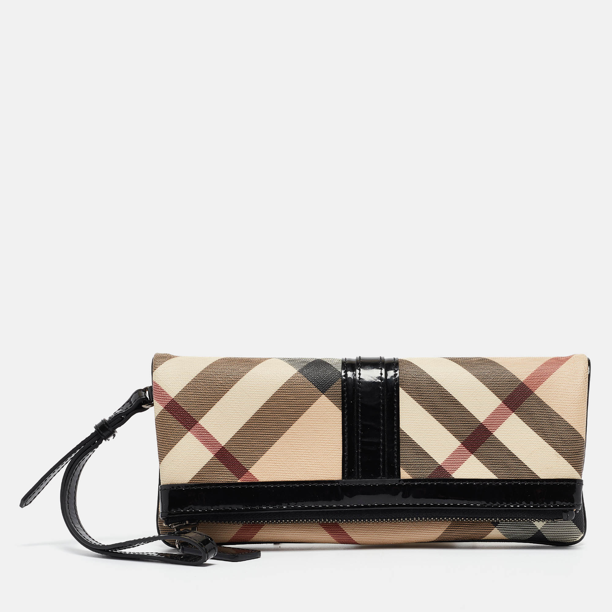 Pre-owned Burberry Beige/black Nova Check Pvc And Patent Leather Fold Over Wristlet Clutch
