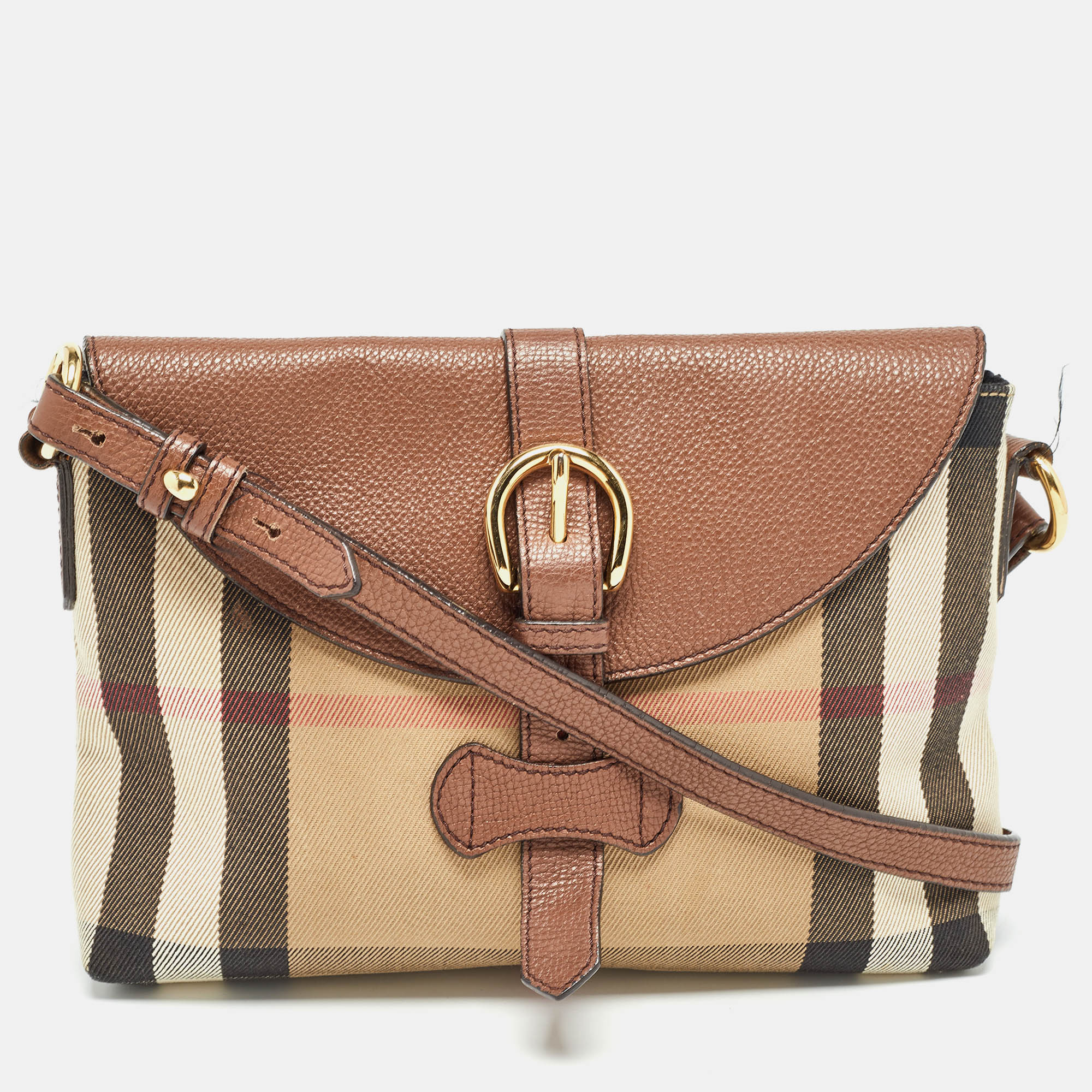 

Burberry Brown/Beige Leather and House Check Canvas Horseshoe Milton Crossbody Bag