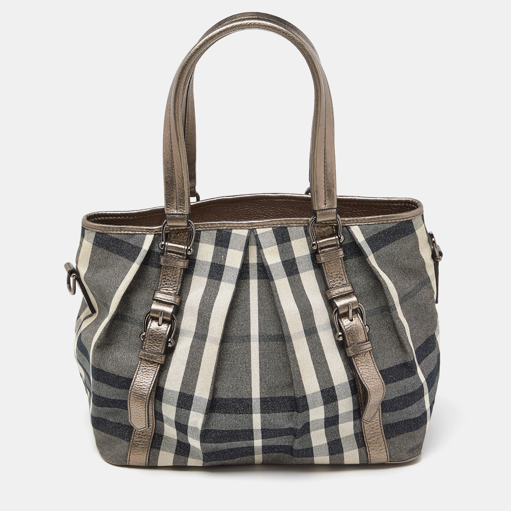 

Burberry Beige Beat Check Lurex Fabric and Leather Northfield Tote, Grey