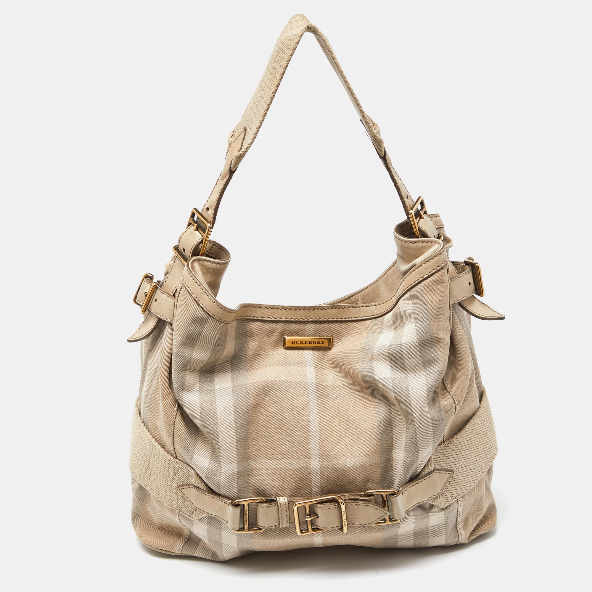 Pre-owned Burberry Beige House Check Canvas And Leather Large Parsons Bag