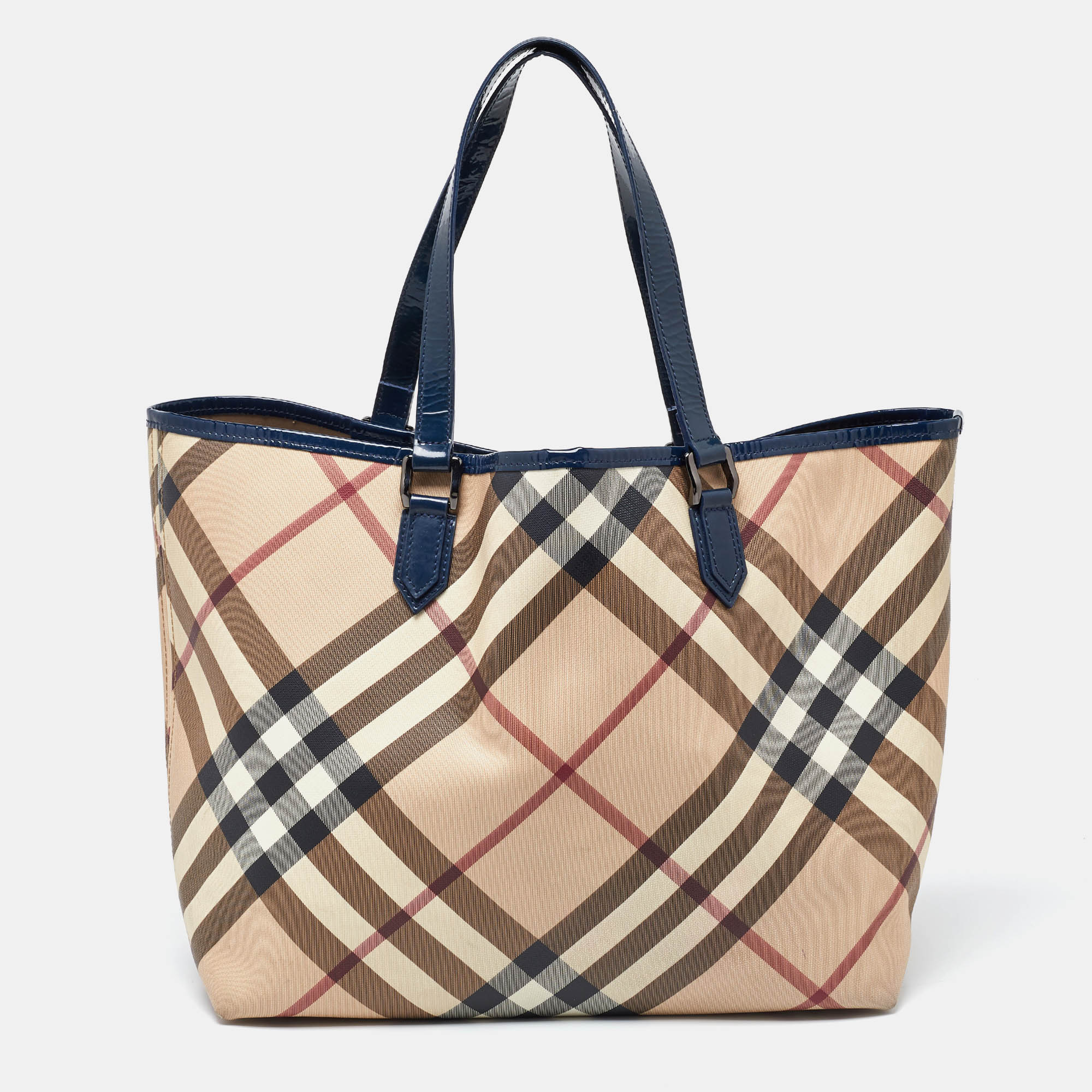 Pre-owned Burberry Beige/blue Nova Check Pvc And Patent Leather Shopper Tote