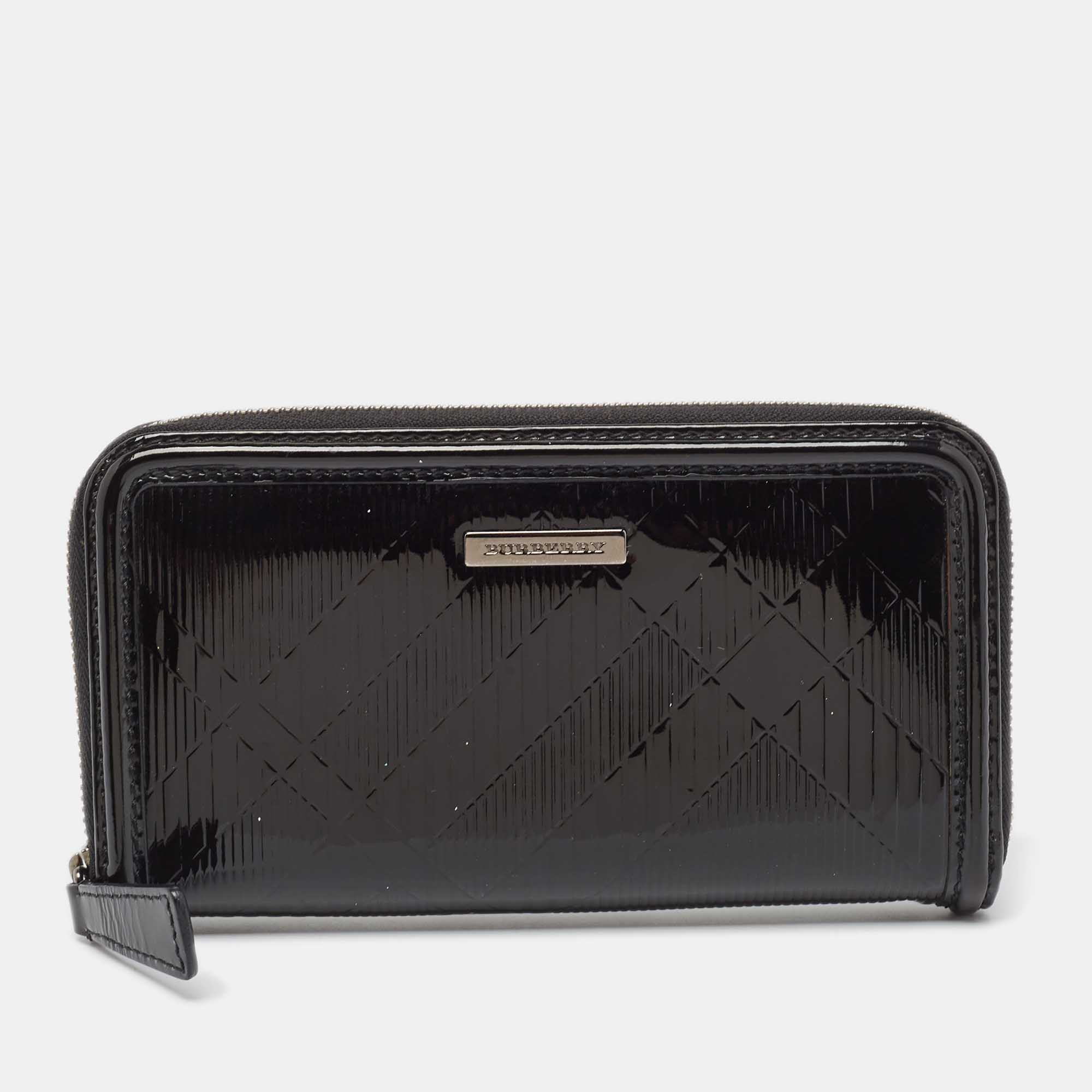 

Burberry Black House Check Embossed Patent Leather Zip Continental Wallet