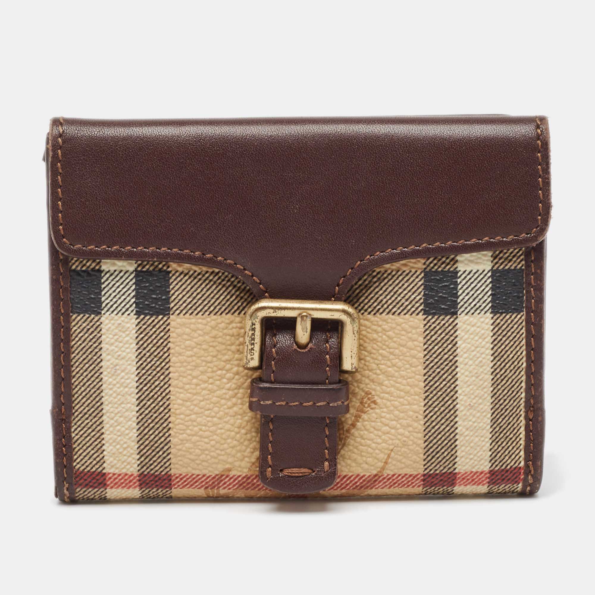 

Burberry Brown/Beige Haymarket Check Coated Canvas and Leather Buckle Flap Compact Wallet