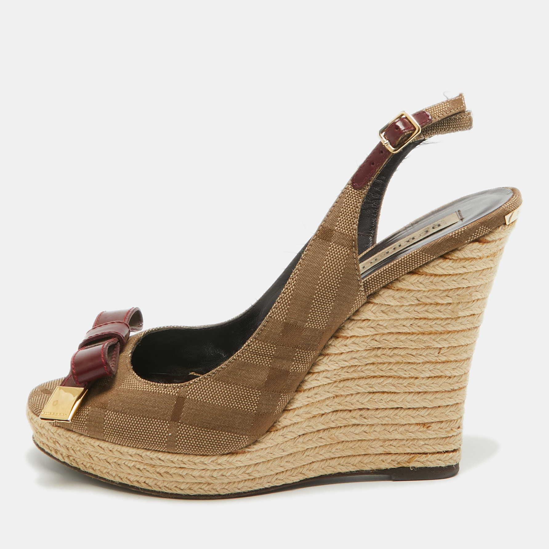 

Burberry Brown/Red Canvas and Leather Slingback Wedge Sandals Size, Beige