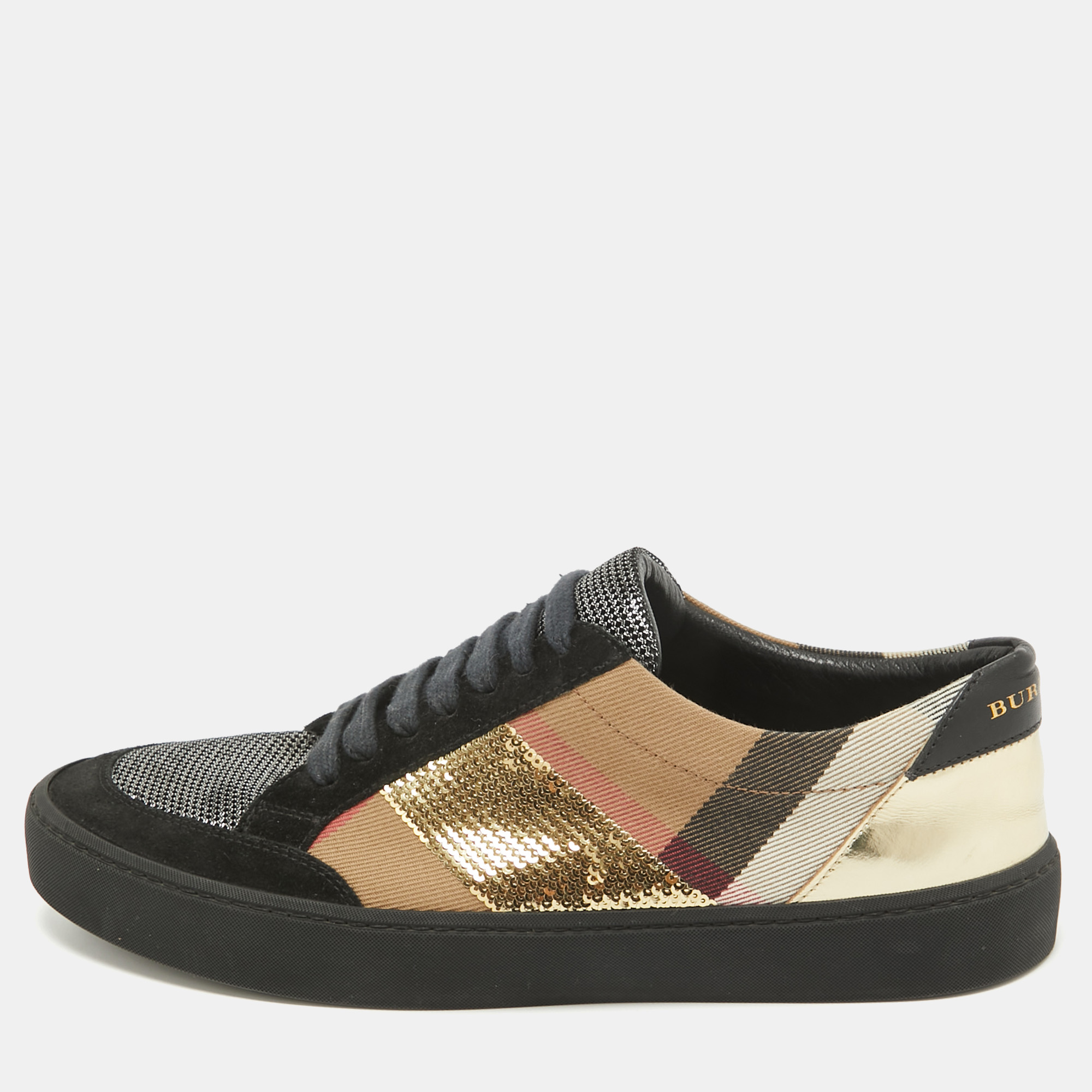 

Burberry Brown/Gold Check Canvas and Sequins Salmond Sneakers Size, Black