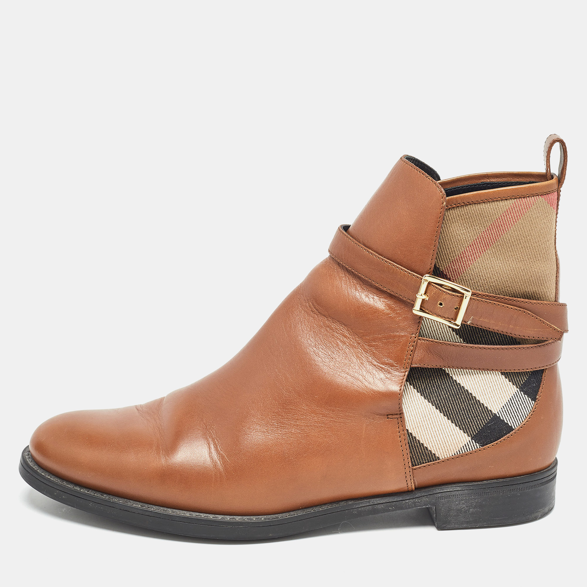 

Burberry Brown Leather and Check Canvas Buckle Detail Ankle Boots Size