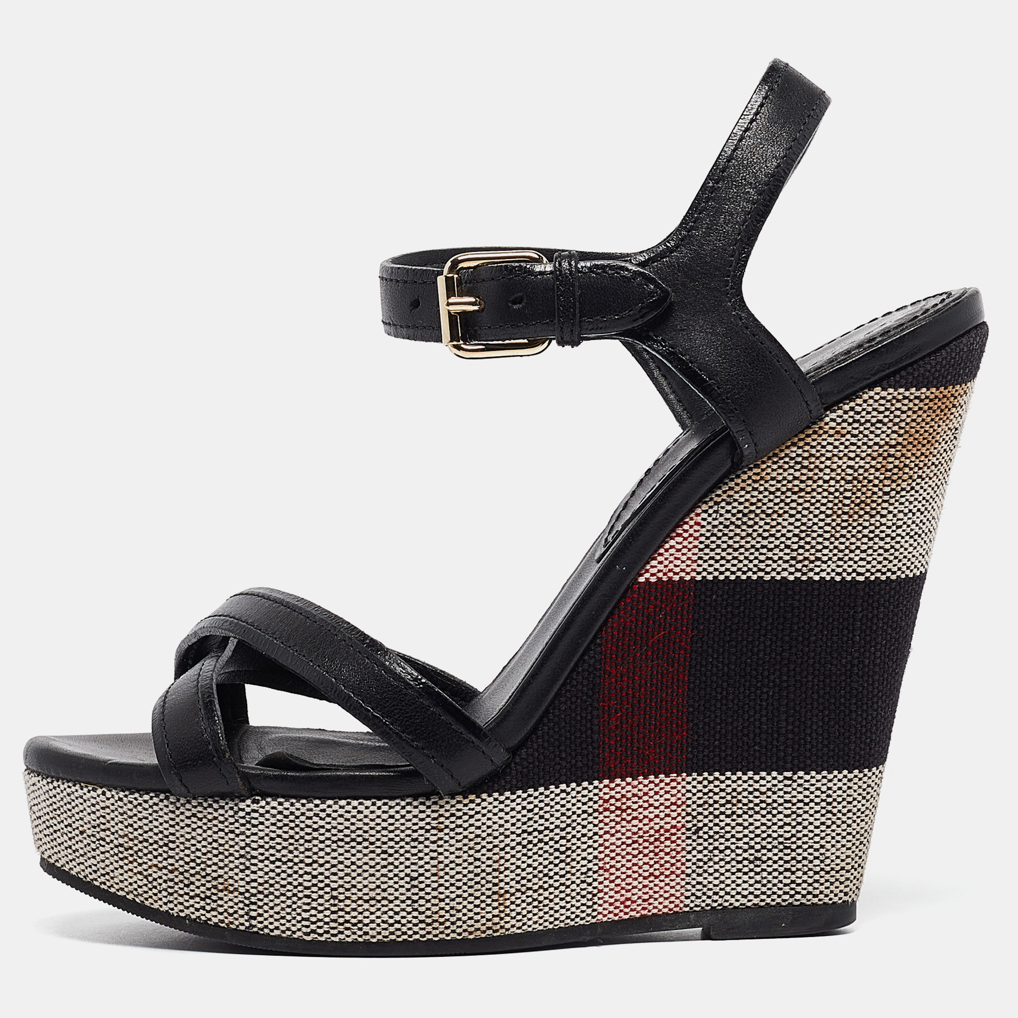 

Burberry Black Canvas and Leather Walmer Wedge Sandals Size