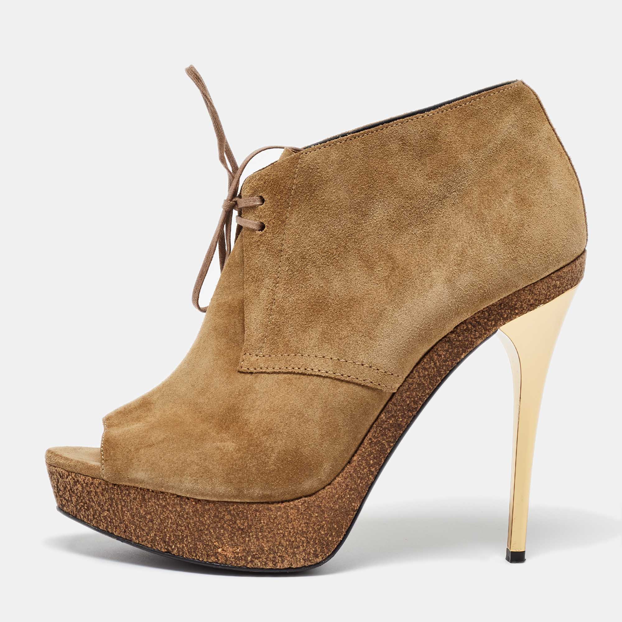 

Burberry Brown Suede Peep Toe Cork Platform Booties Size