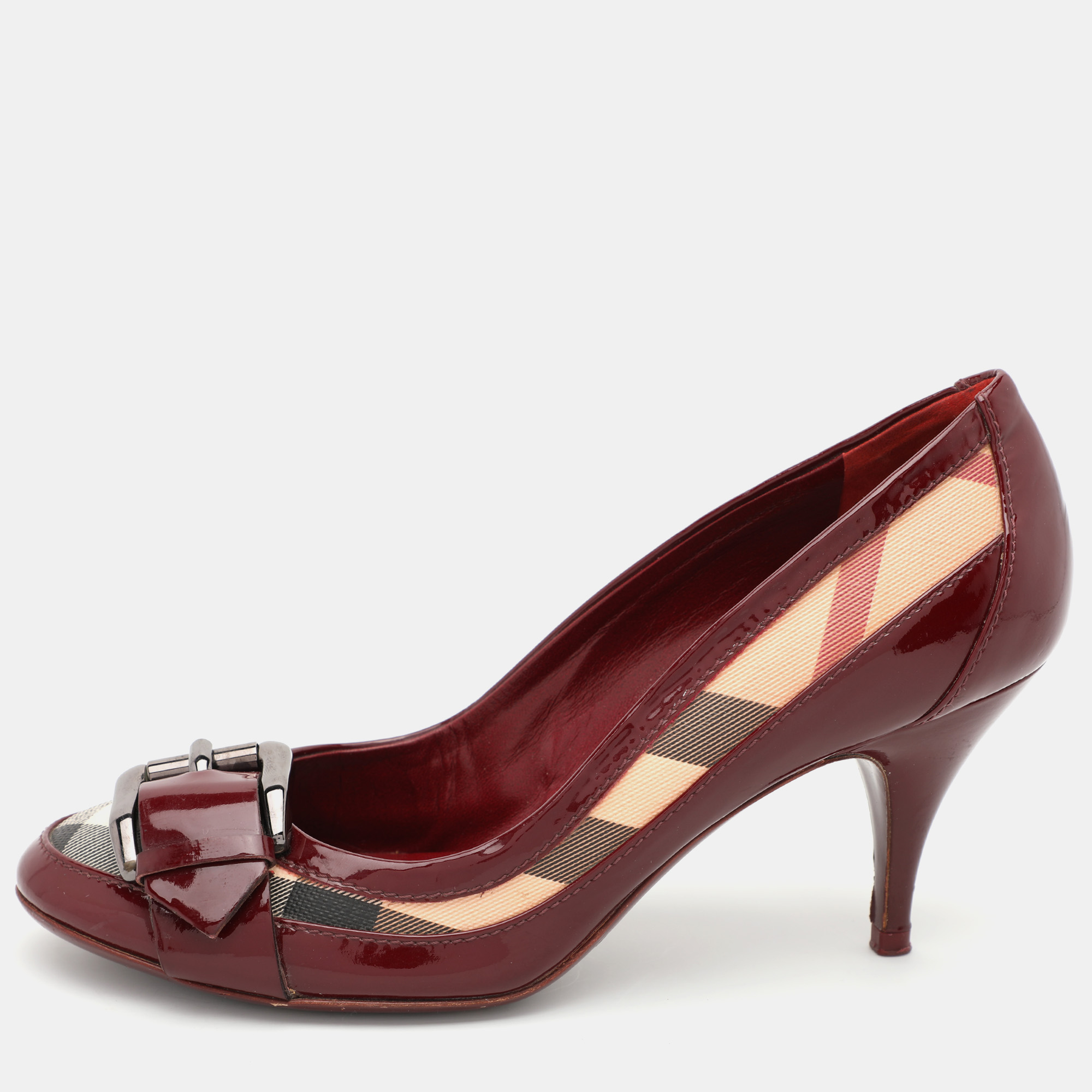 Pre-owned Burberry Burgundy Patent Leather And Coated Canvas Buckle Detail Pumps Size 37