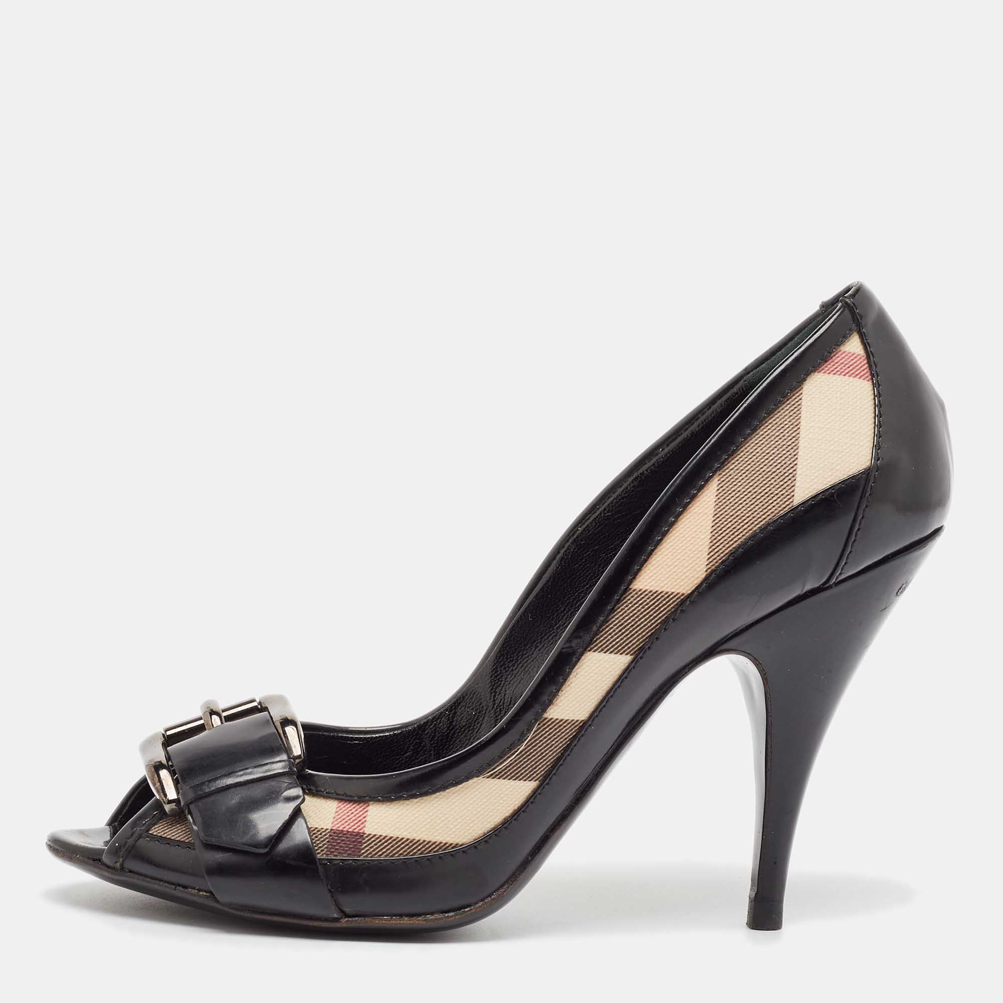 

Burberry Black Canvas and Patent Leather Peep Toe Pumps Size