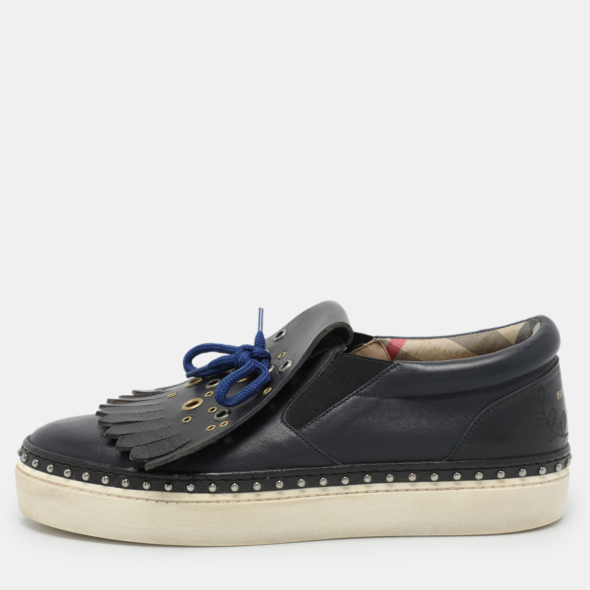 

Burberry Navy Blue Leather Kiltie Slip On Sneakers Size