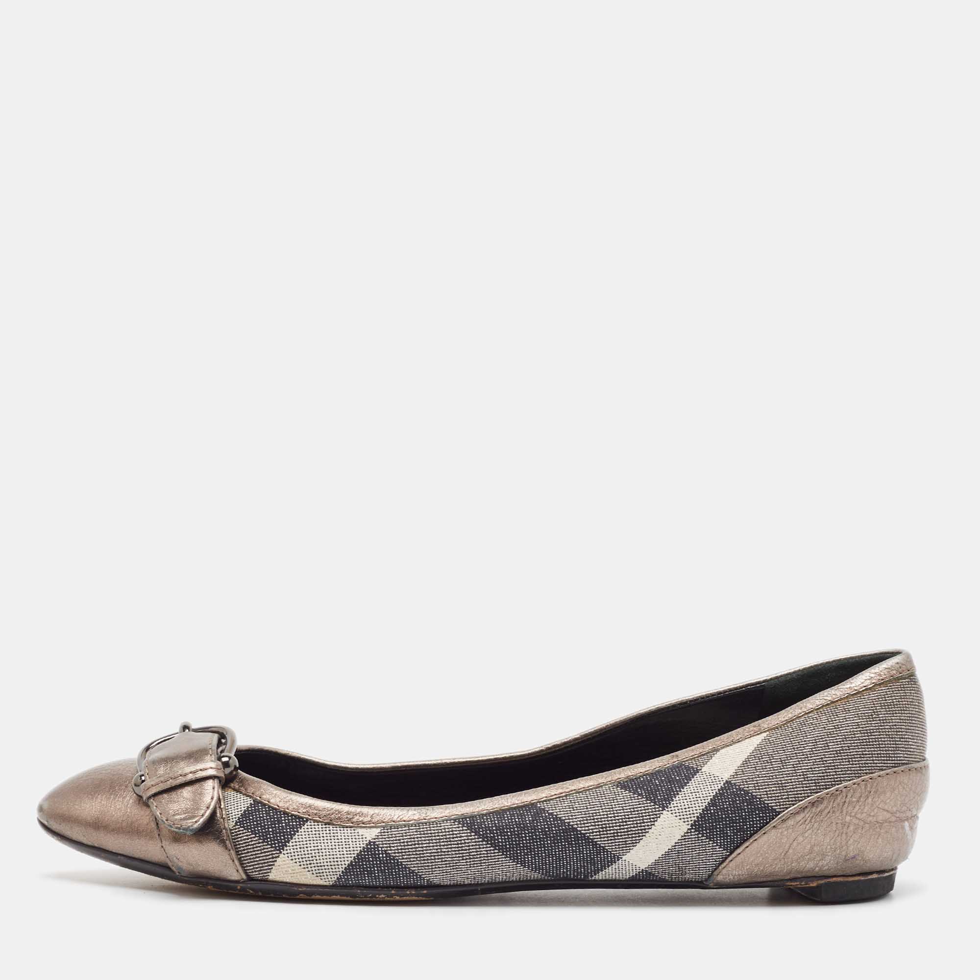 Pre-owned Burberry Metallic Grey Leather And Glitter Nova Check Canvas Ballet Flats Size 38