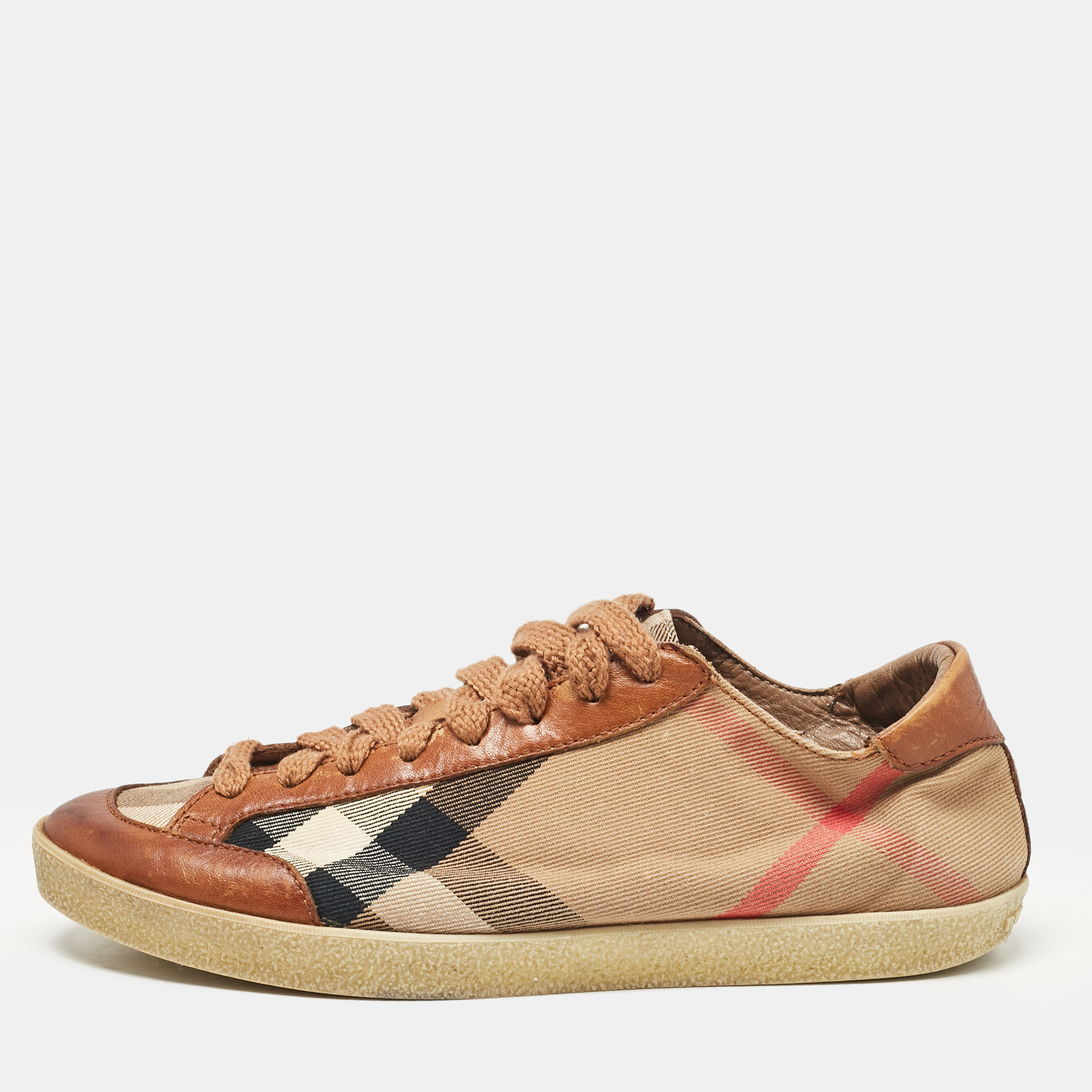 

Burberry Brown/Beige Canvas and Leather Low Top Sneakers Size