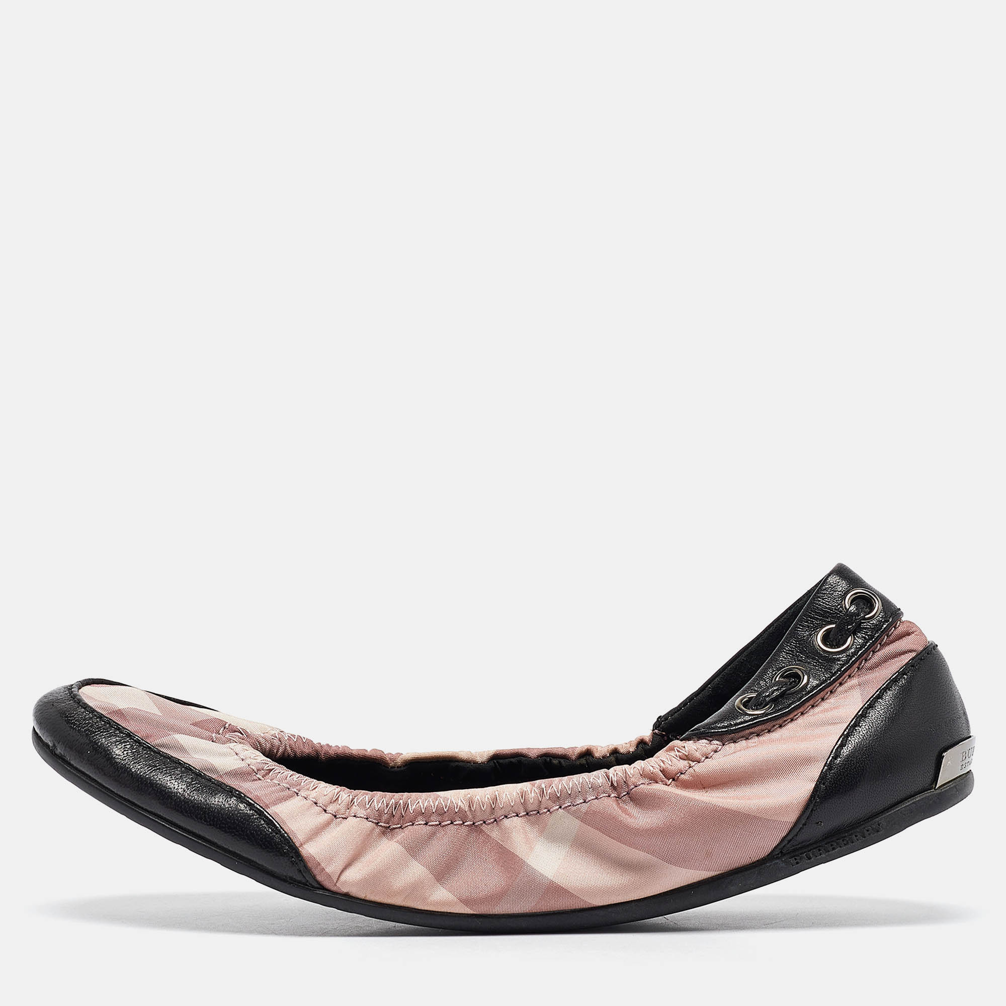 

Burberry Pink/Black Check Fabric and Leather Scrunch Ballet Flats Size