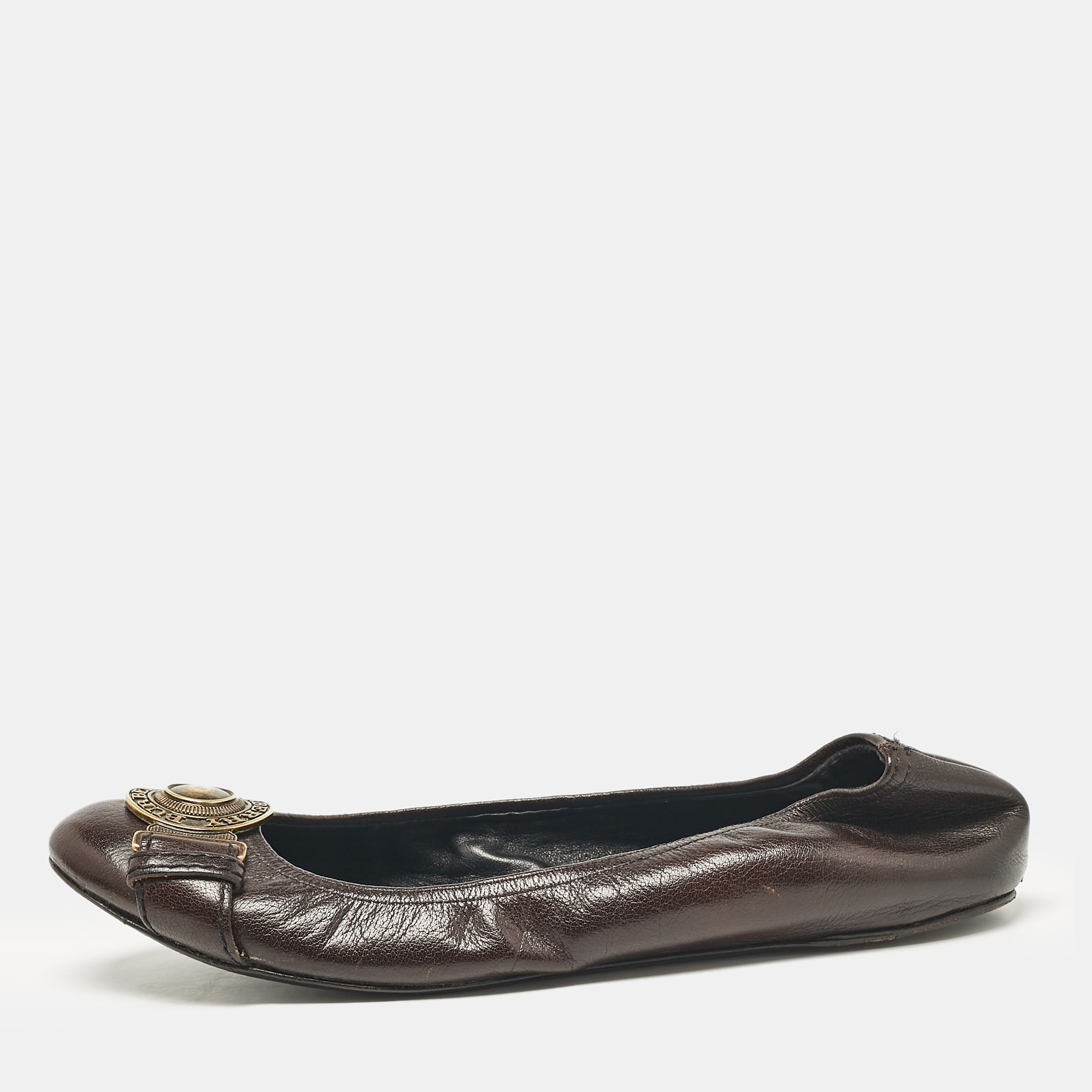 

Burberry Dark Brown Leather Buckle Detail Scrunch Ballet Flats Size