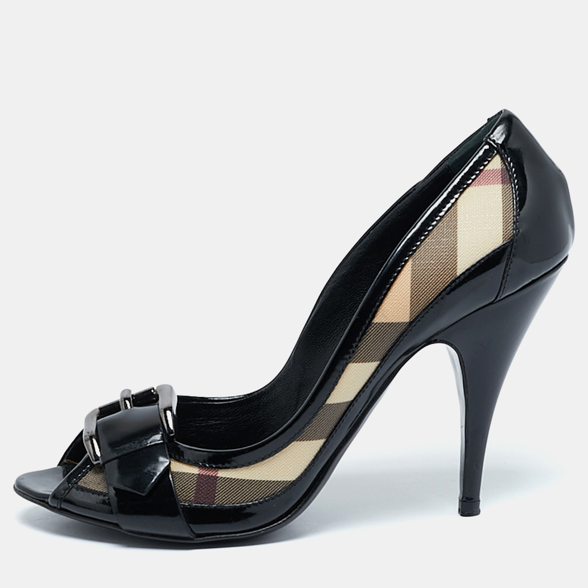 

Burberry Black/Beige Canvas and Patent Leather Peep Toe Pumps Size