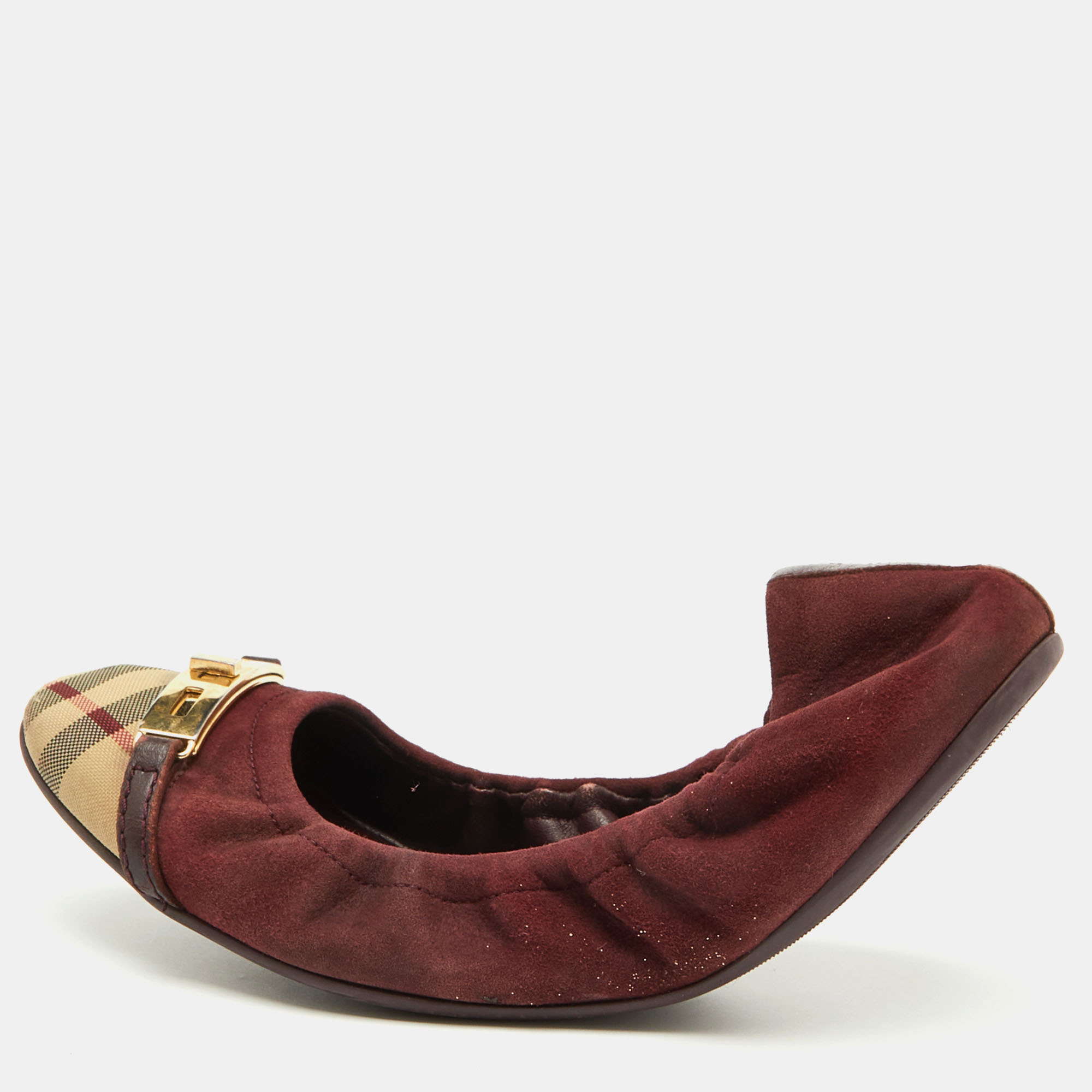 

Burberry Burgundy Suede and Nova Check Canvas Drayton Twistlock Scrunch Ballet Flats Size