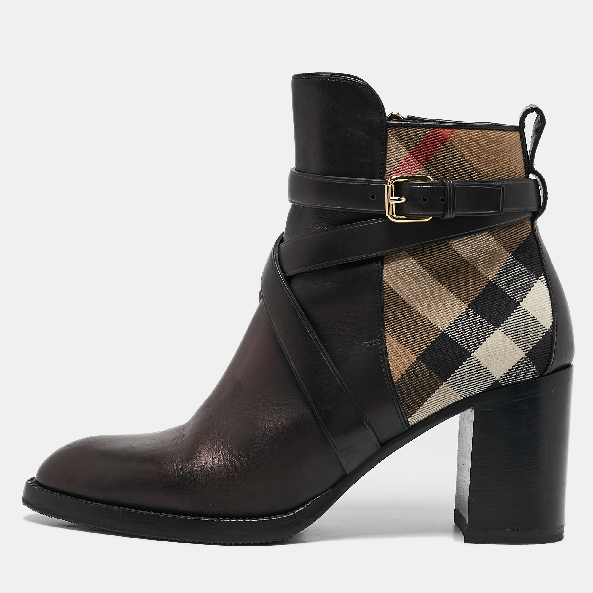 

Burberry Black/Beige House Check Canvas and Leather Ankle Length Boots Size