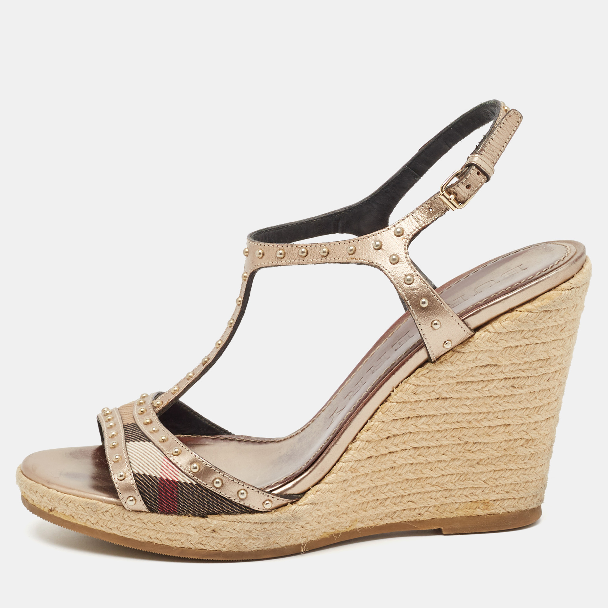 

Burberry Beige/Brown Canvas and Leather Ankle Strap Espadrille Wedge Sandals Size