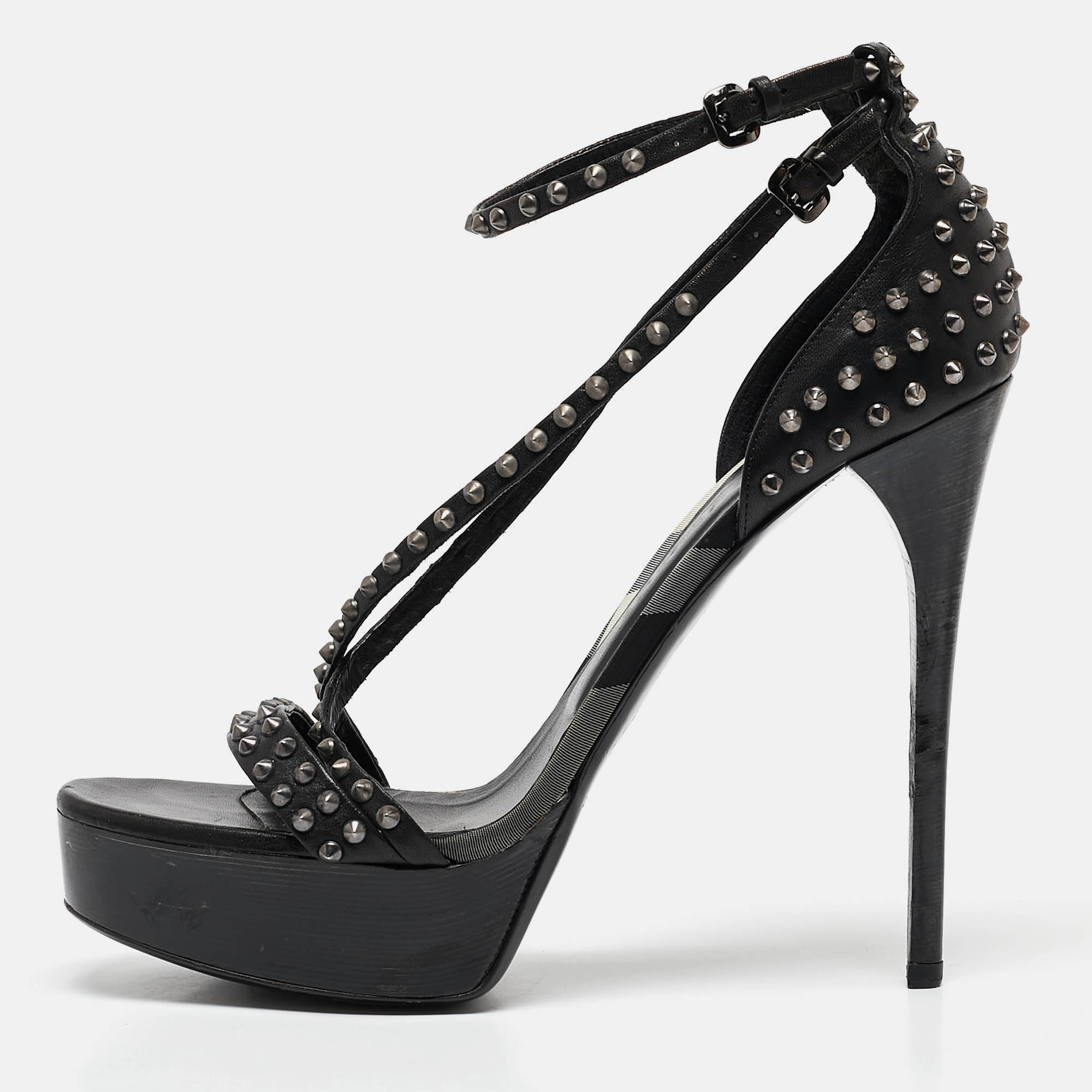 

Burberry Black Leather Criss Cross Studded Platform Sandals Size