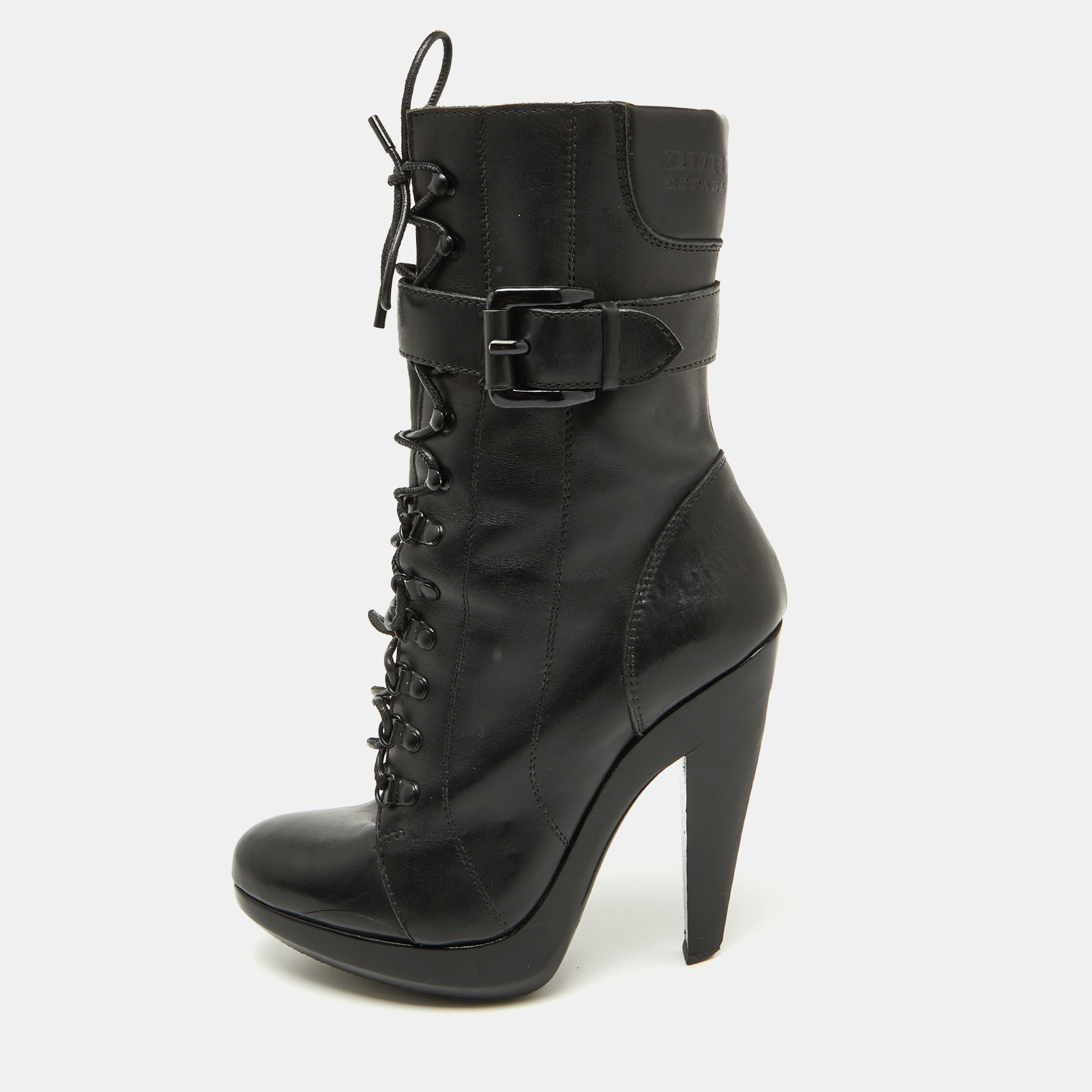 

Burberry Black Leather Buckle Detail Mid Calf Platform Boots Size