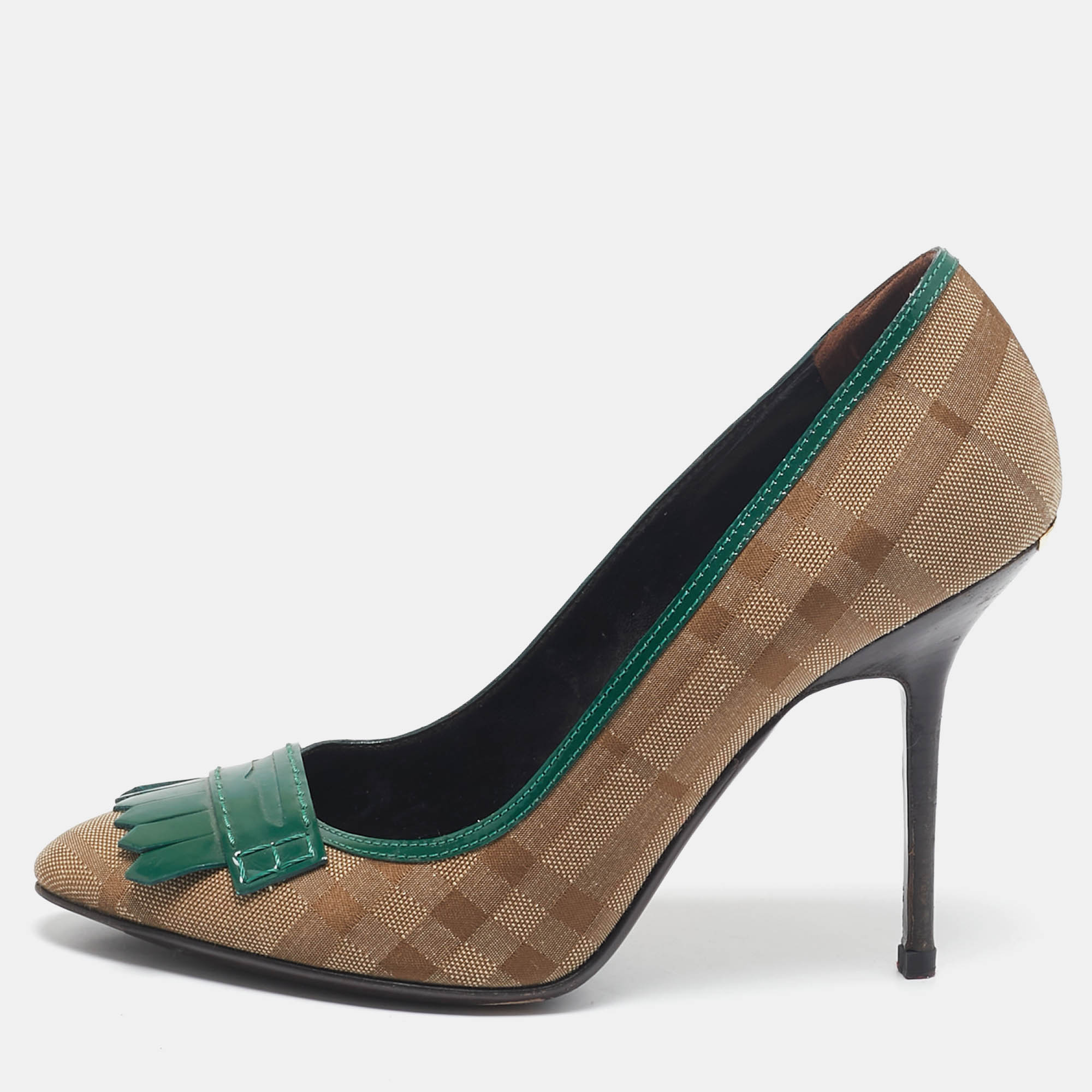 

Burberry Brown/Green Patent Leather and Canvas Pumps Size