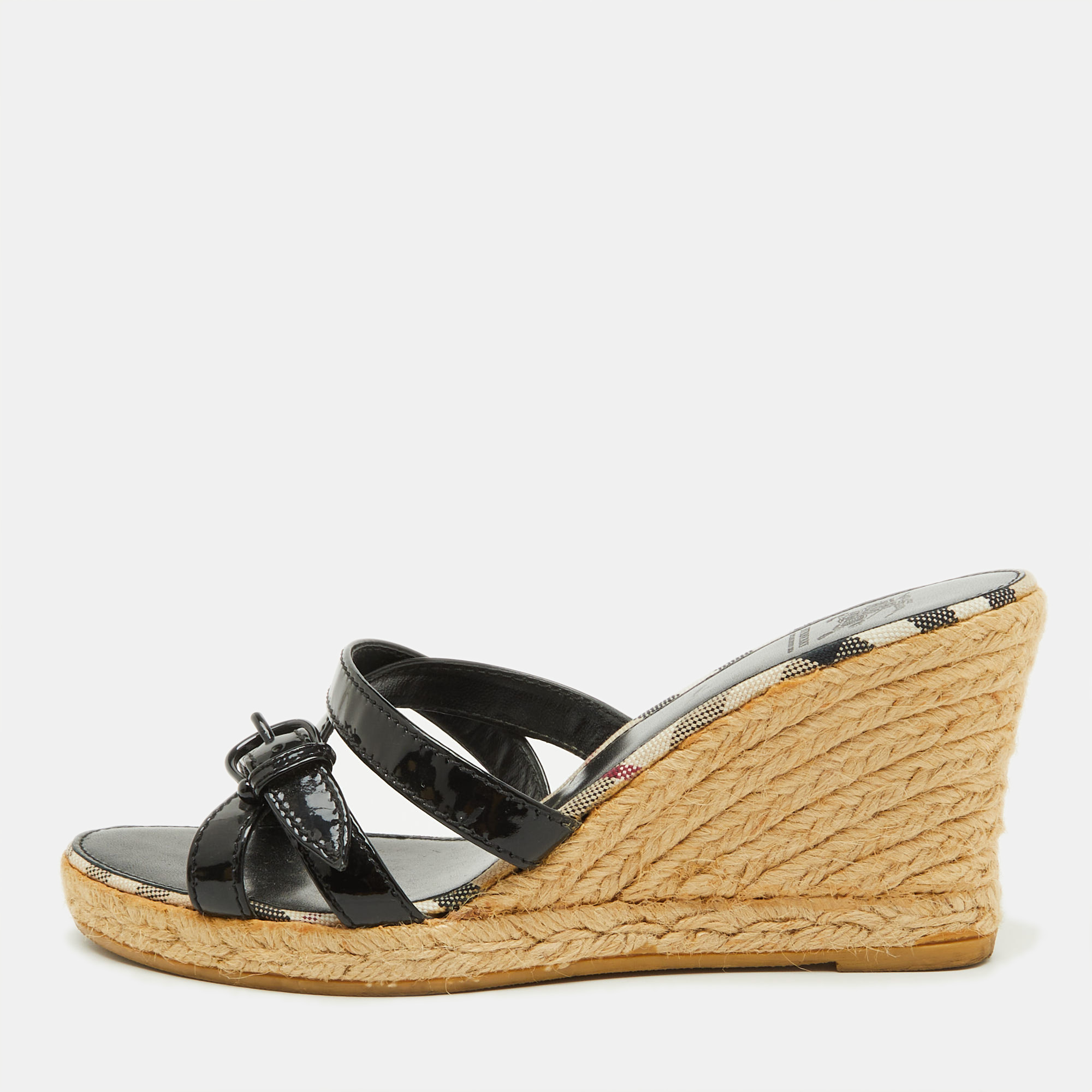 

Burberry Black Patent Leather Strappy Wedge Espadrille Sandals Size