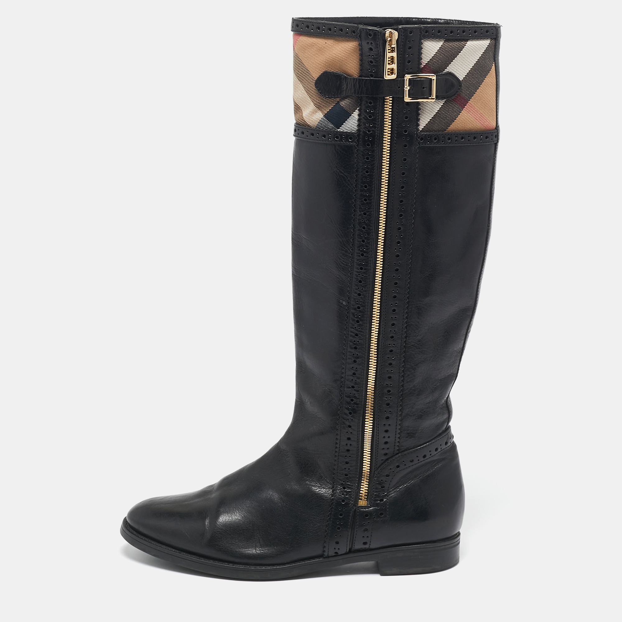 

Burberry Beige/Black Canvas and Leather Knee Length Boots Size