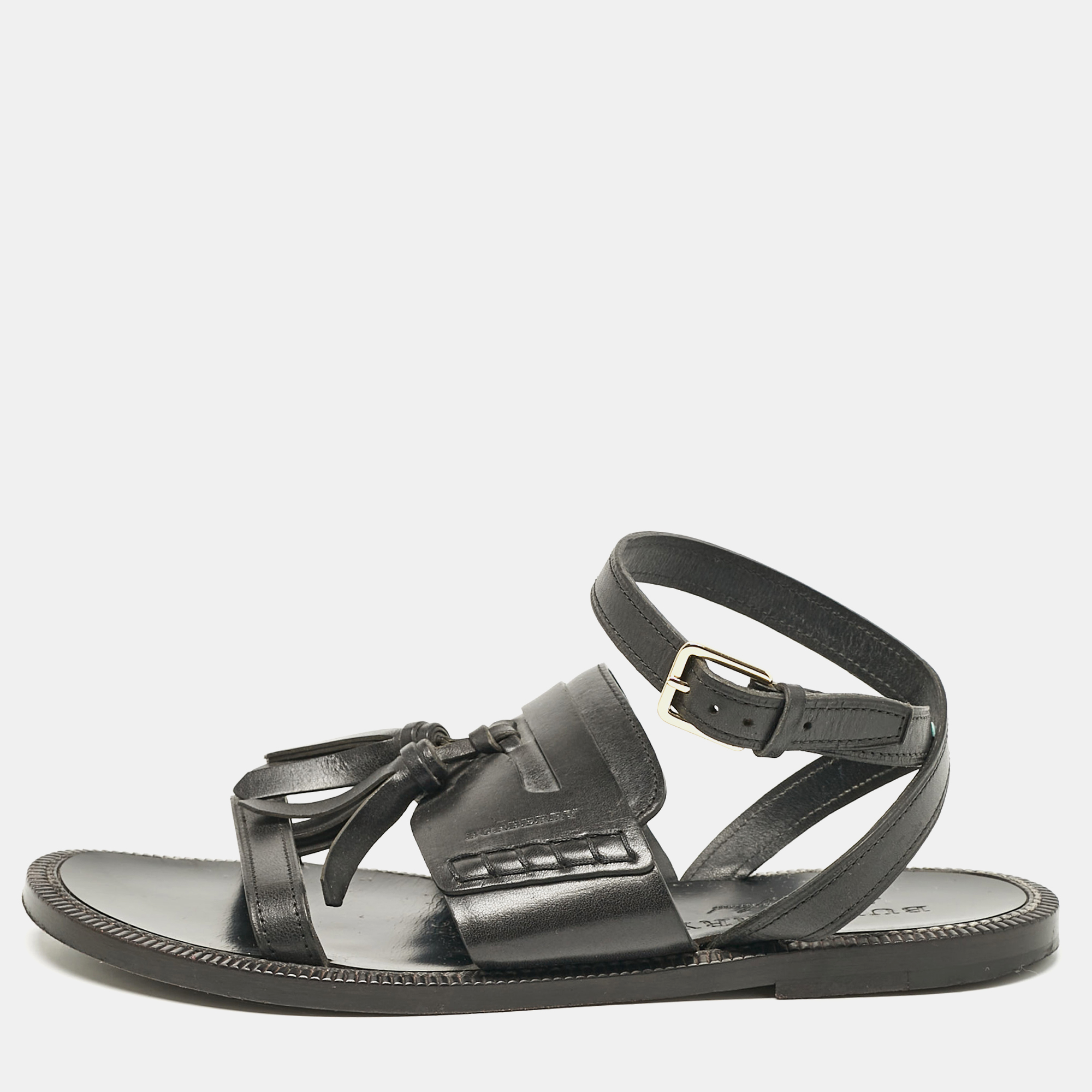 

Burberry Black Leather Bethany Ankle Strap Flat Sandals Size