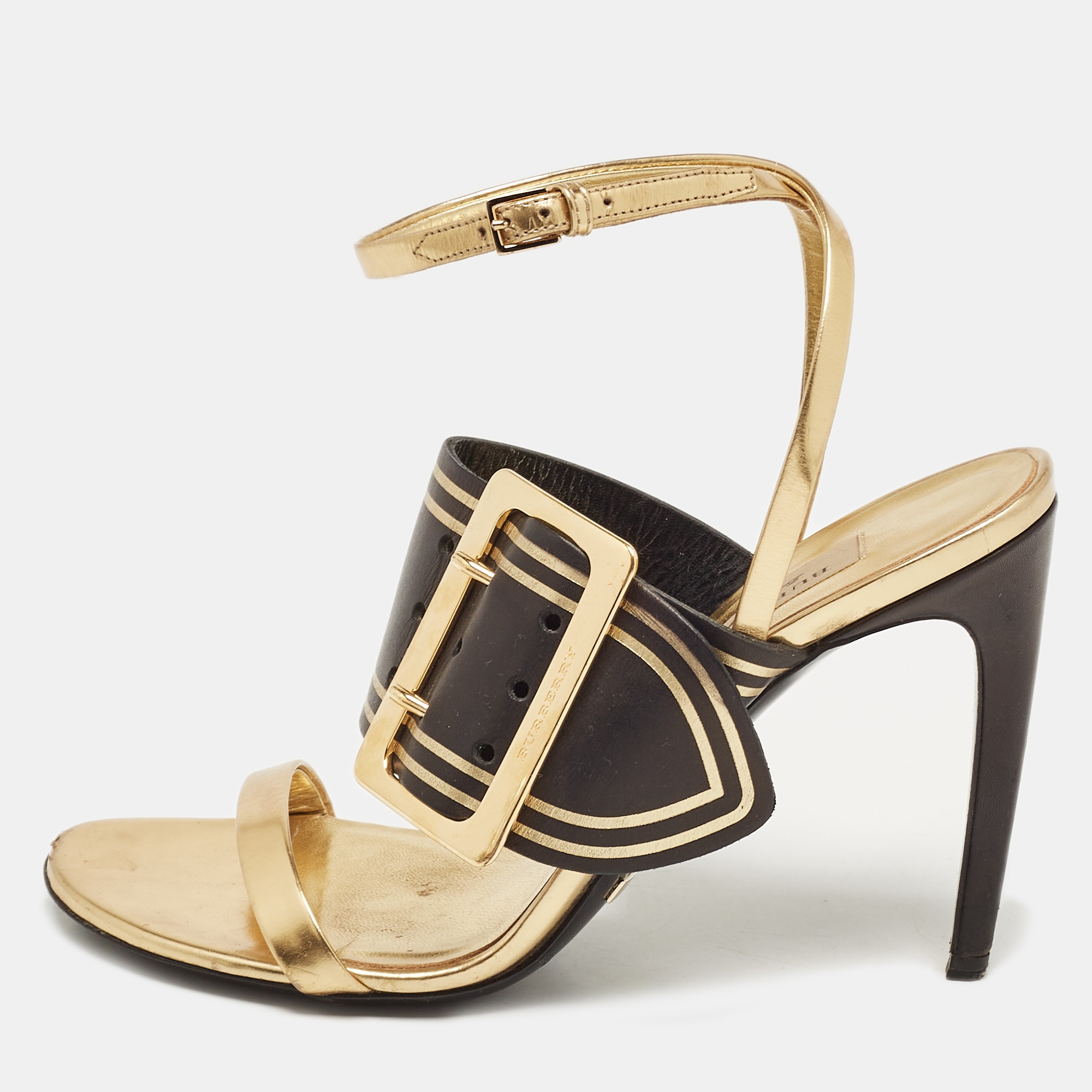 

Burberry Black/Gold Leather Buckle Padstow Ankle Strap Sandals Size