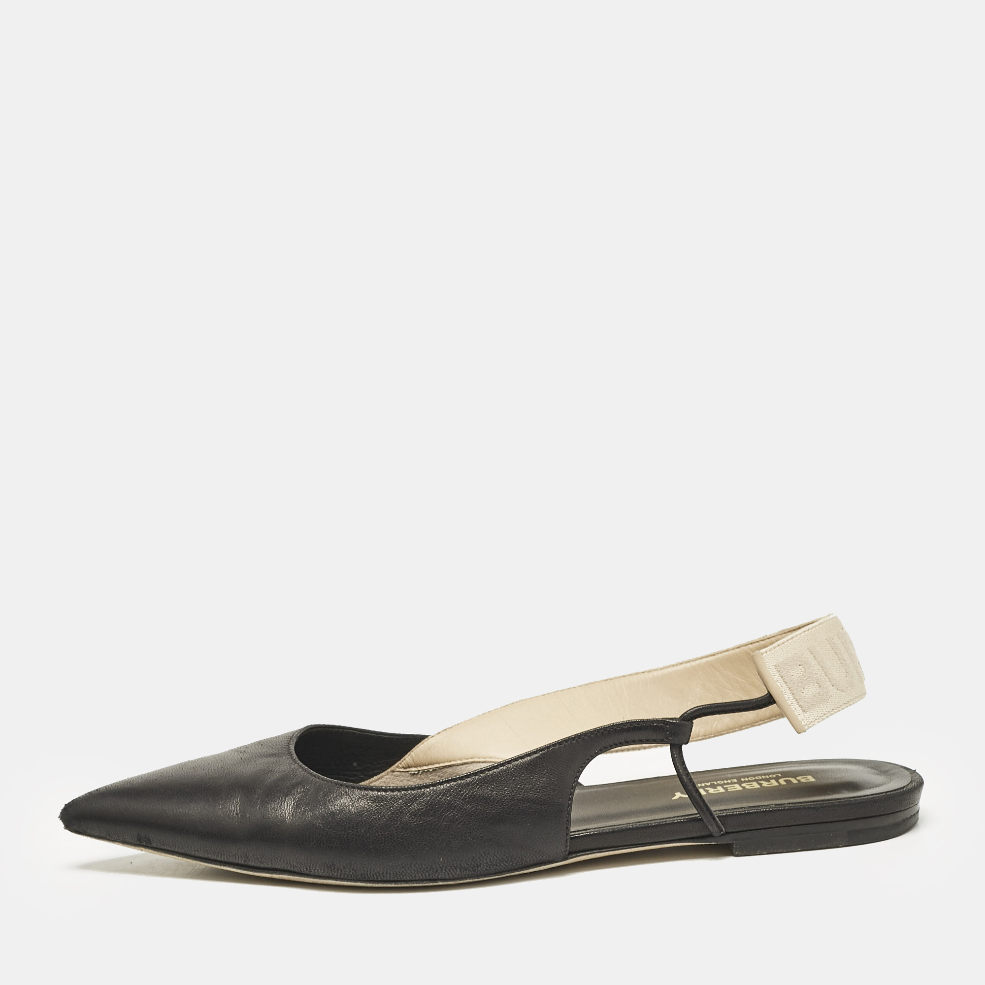 

Burberry Black Leather Maria Logo Slingback Flats Size