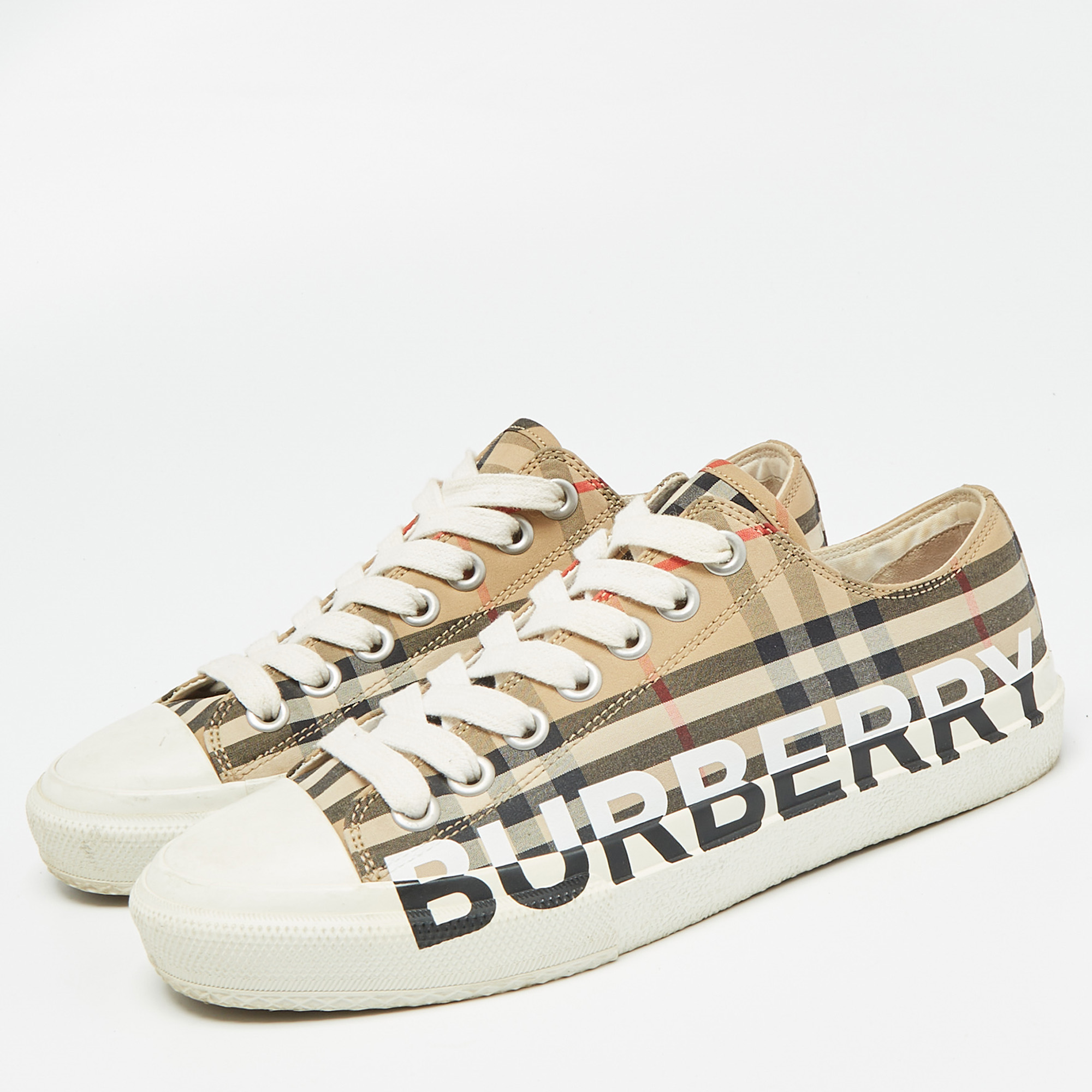Burberry Beige/White Vintage Check Canvas and Rubber Larkhall Sneakers Size 38 