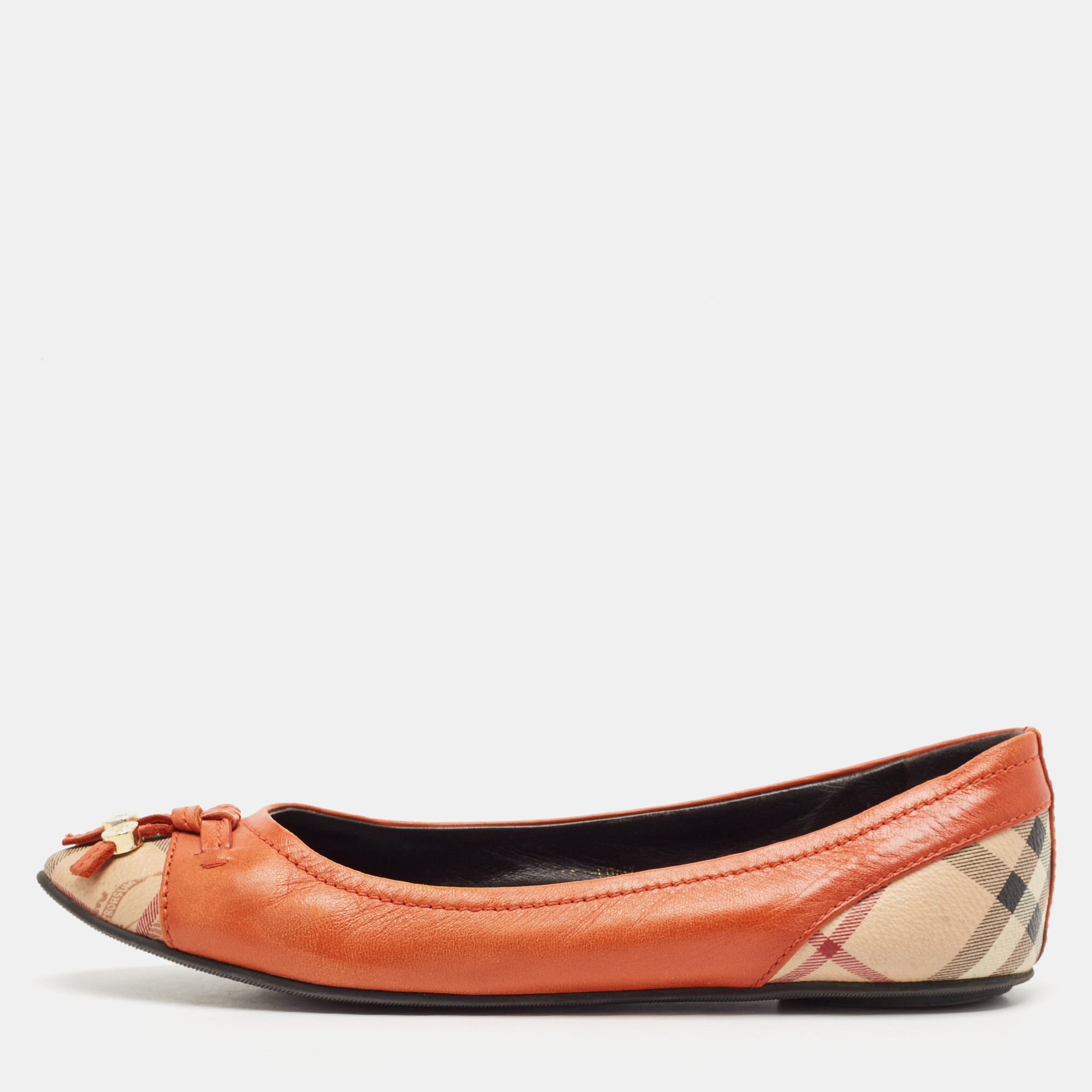 

Burberry Dark Orange Leather And Coated Canvas Bow Toe Cap Ballet Flats Size