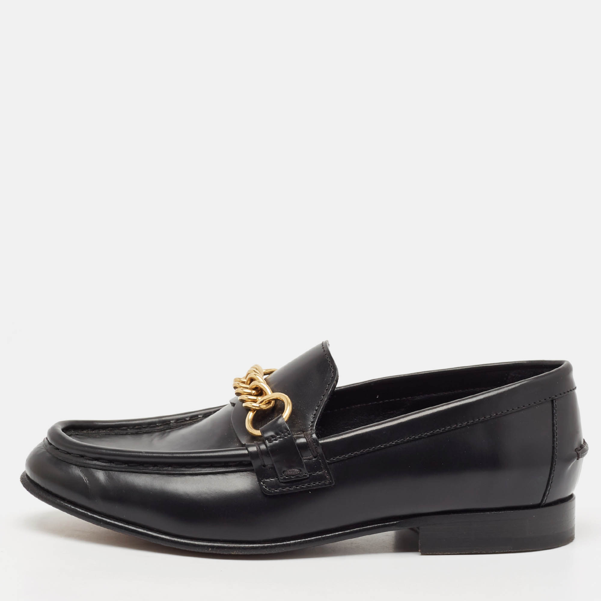 

Burberry Black Leather Solway Chain Detail Slip On Loafers Size