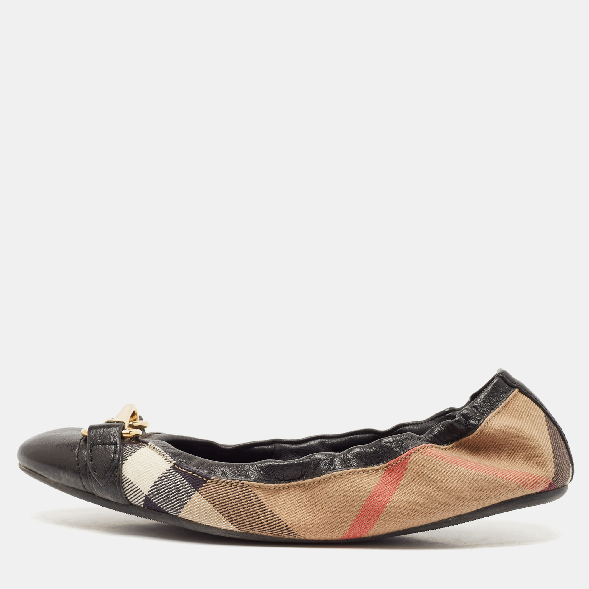 

Burberry Black/Beige House Check Canvas and Leather Scrunch Buckle Ballet Flats Size