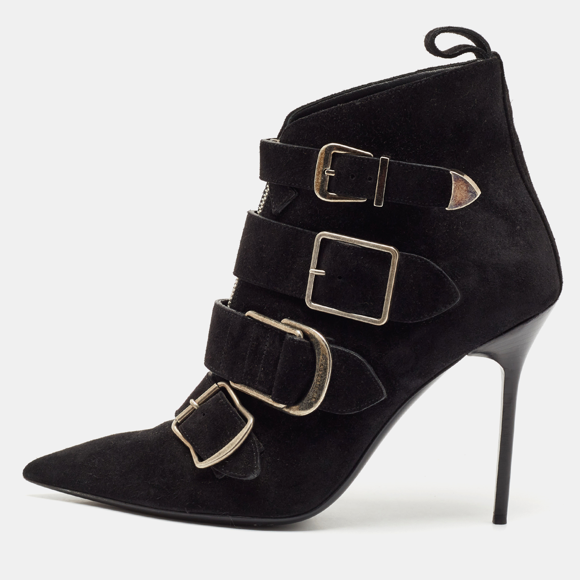 

Burberry Black Suede Milner Buckle Detail Pointed Toe Ankle Boots Size