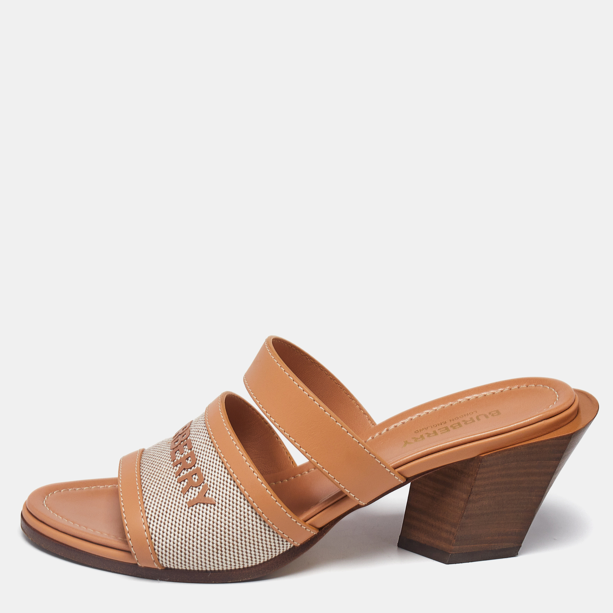 

Burberry Beige/Tan Canvas and Leather Honour Slide Sandals Size